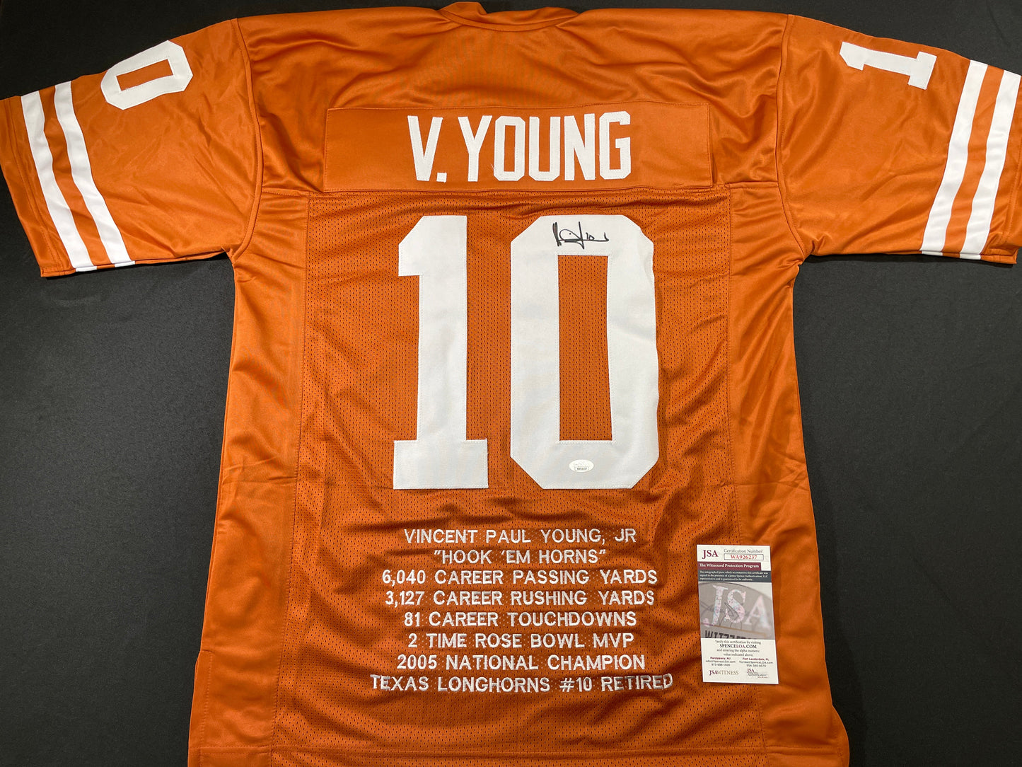 VINCE YOUNG TEXAS LONGHORNS SIGNED STAT JERSEY JSA COA