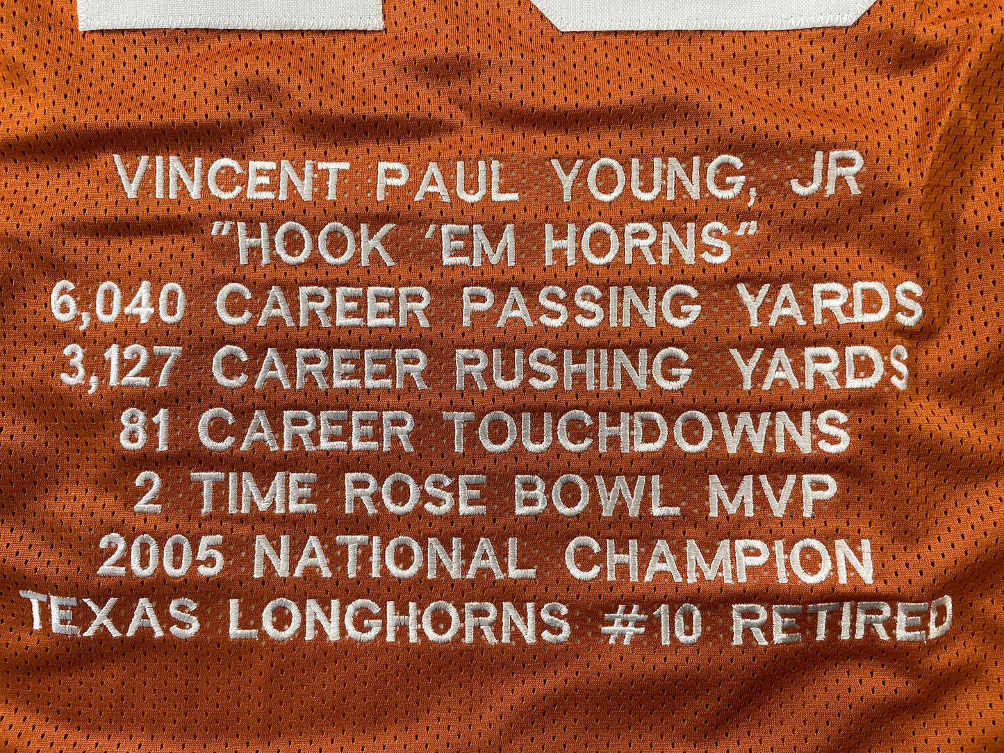 VINCE YOUNG TEXAS LONGHORNS SIGNED STAT JERSEY JSA COA