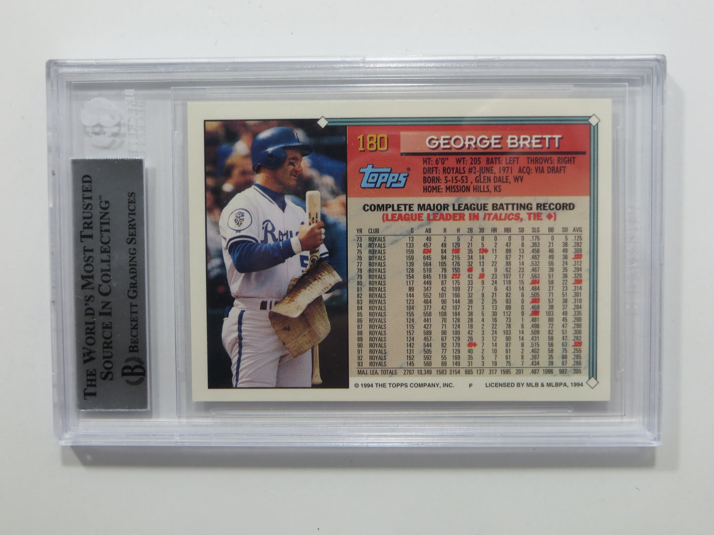 GEORGE BRETT SIGNED BGS BAS Slab 1994 TOPPS GOLD #180 Kansas City Royals
