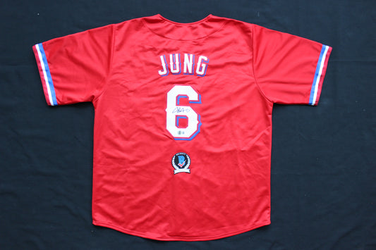 JOSH JUNG TEXAS RANGERS SIGNED RED JERSEY Texas Tech BAS COA