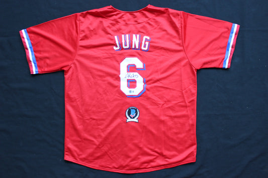 JOSH JUNG TEXAS RANGERS SIGNED RED JERSEY Texas Tech BAS COA