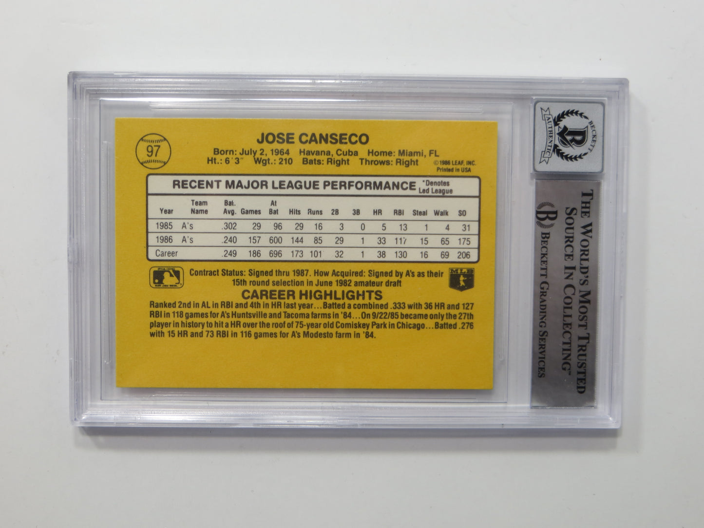 JOSE CANSECO SIGNED BGS BAS SLAB 1987 DONRUSS #39 A's Auto 10
