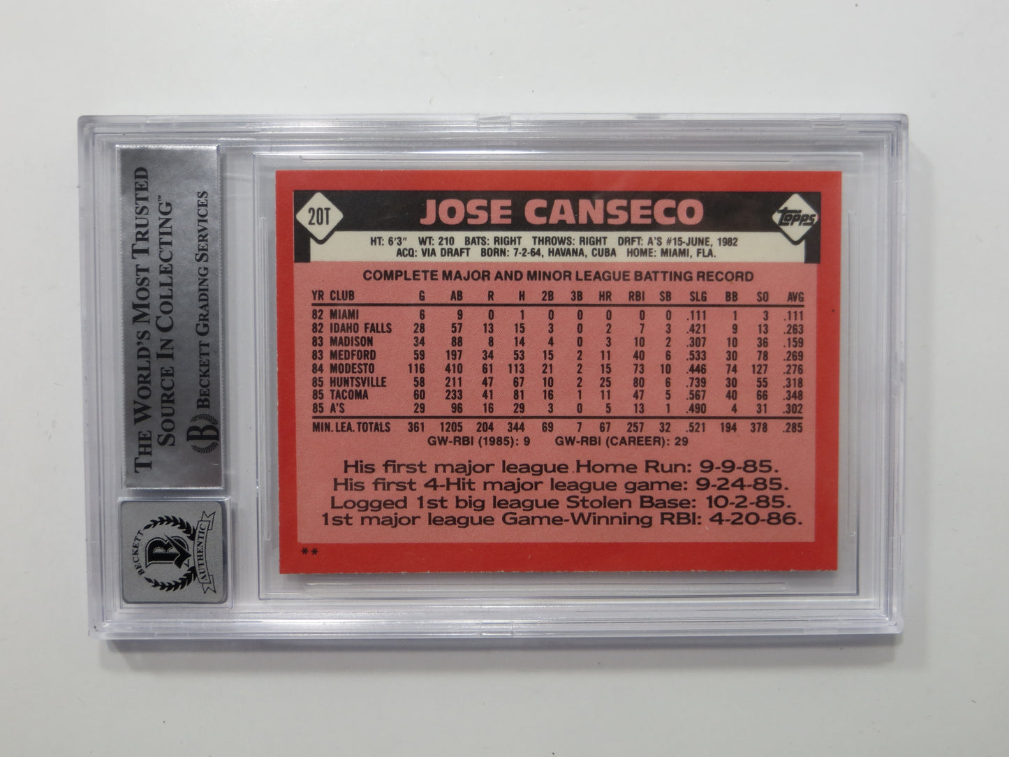 JOSE CANSECO SIGNED BGS BAS SLAB 1986 TOPPS TRADED #20T XRC A's Auto 10