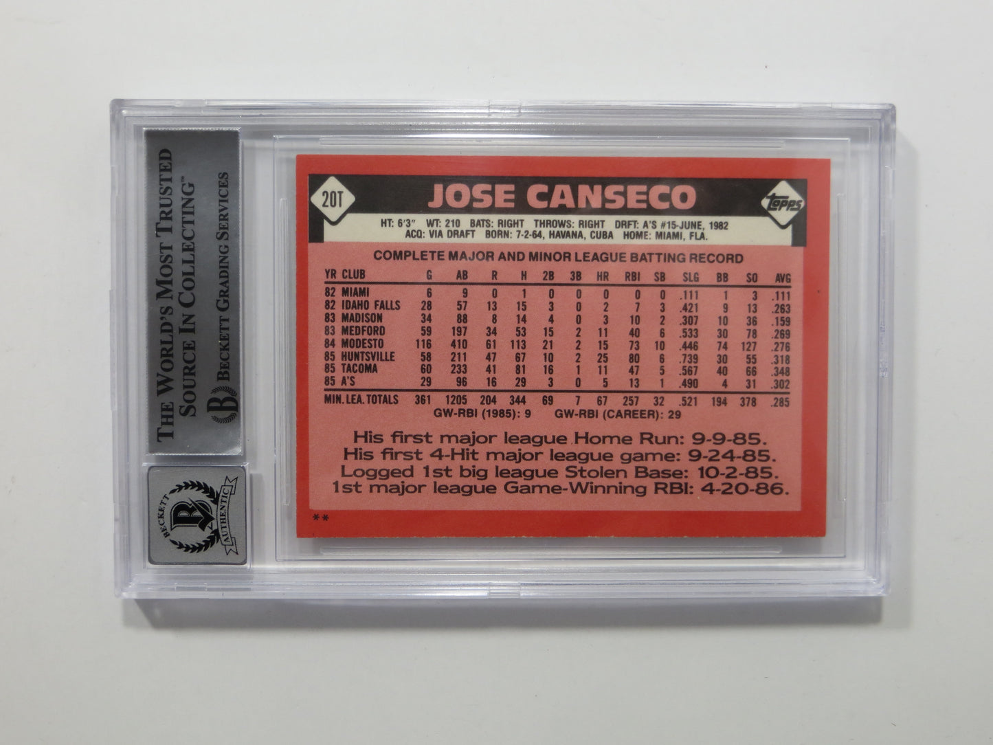 JOSE CANSECO SIGNED BGS BAS SLAB 1986 TOPPS TRADED #20T XRC A's Auto 10