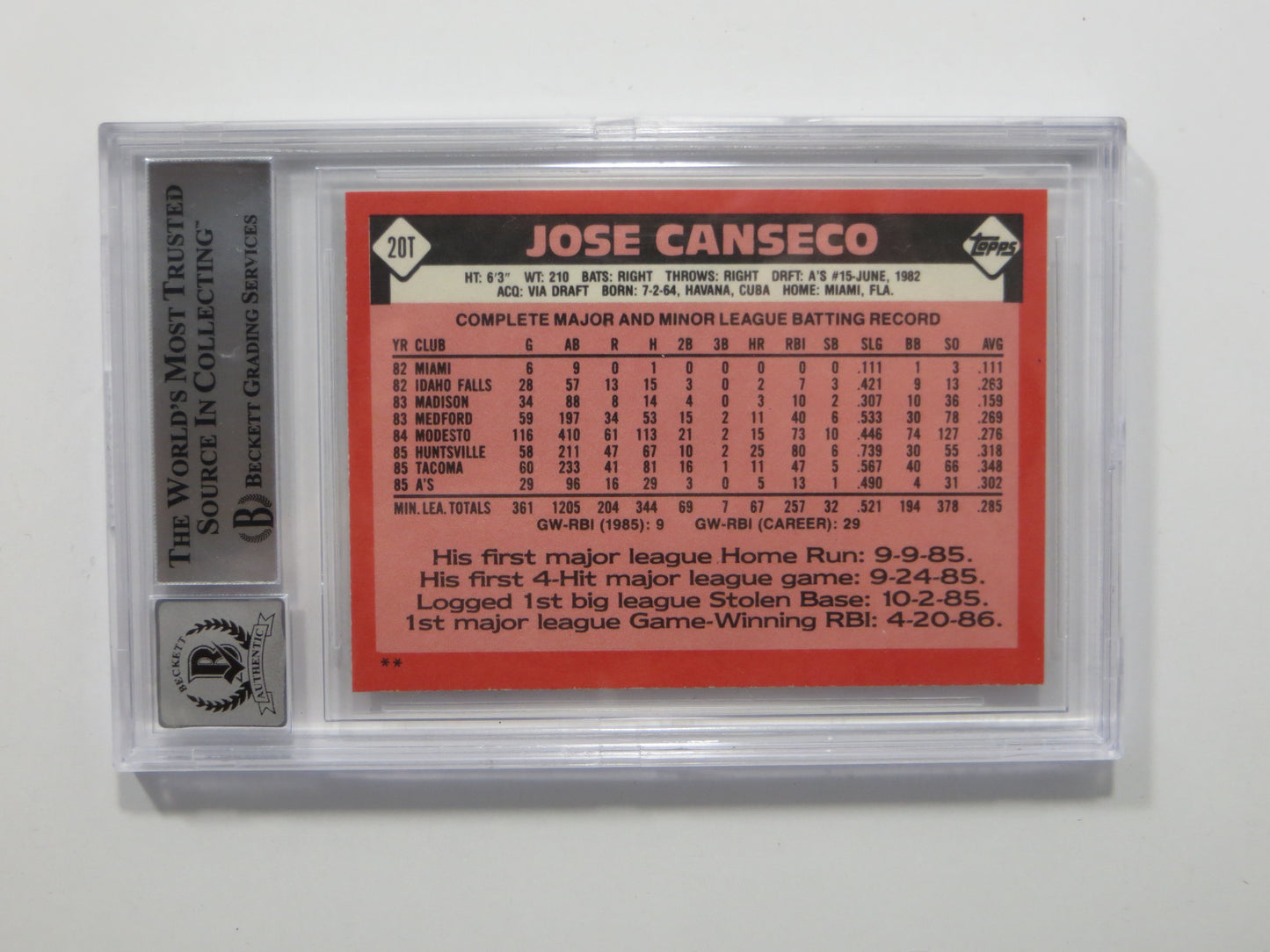 JOSE CANSECO SIGNED BGS BAS SLAB 1986 TOPPS TRADED #20T XRC A's Auto 10