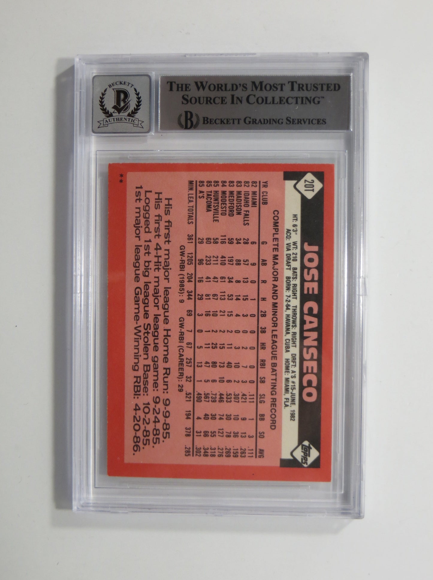 JOSE CANSECO SIGNED BGS BAS SLAB 1986 TOPPS TRADED #20T XRC A's Auto 10