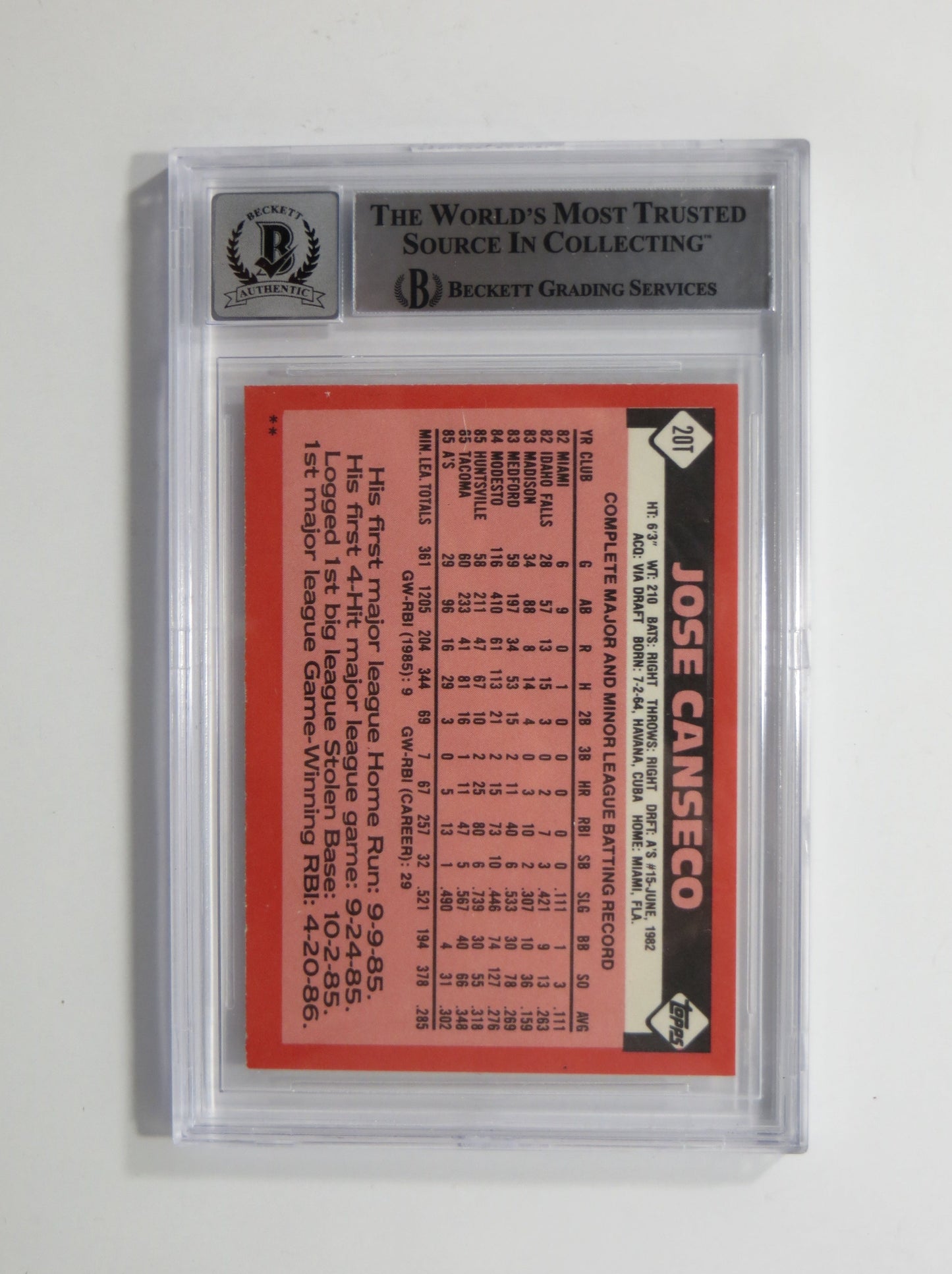JOSE CANSECO SIGNED BGS BAS SLAB 1986 TOPPS TRADED #20T XRC A's Auto 10
