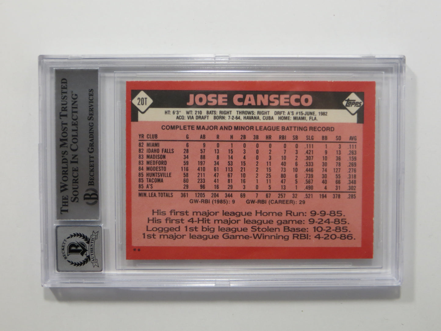 JOSE CANSECO SIGNED BGS BAS SLAB 1986 TOPPS TRADED #20T XRC A's Auto 10