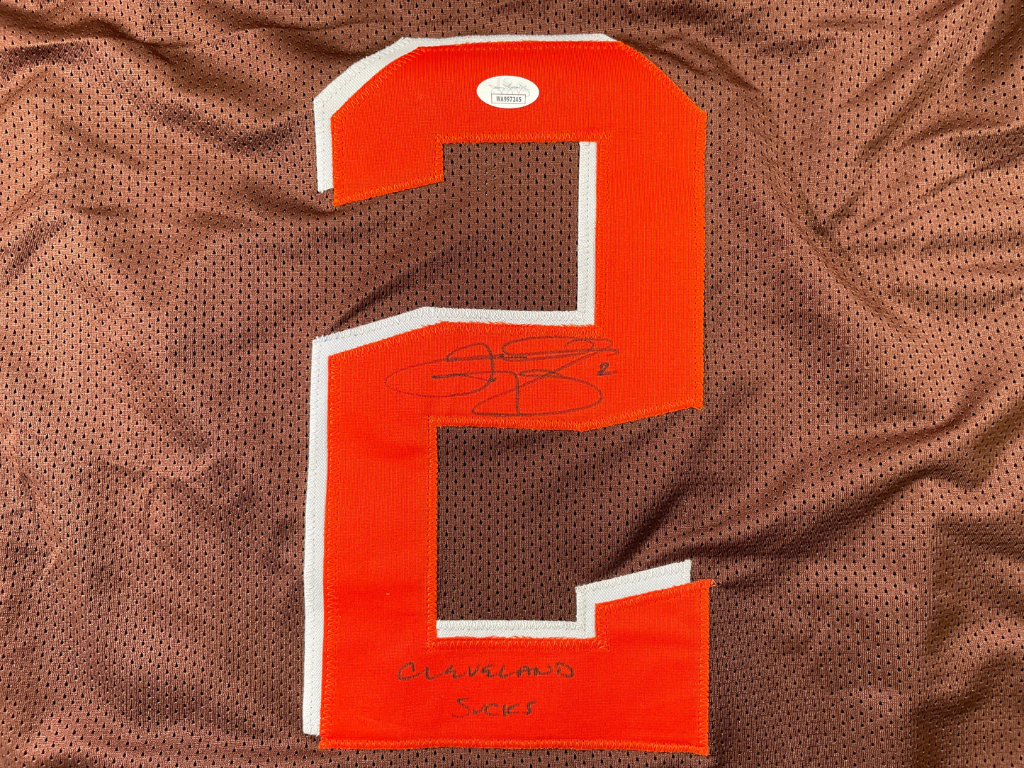 JOHNNY MANZIEL CLEVELAND BROWN SIGNED BROWN JERSEY w/Cleveland Sucks JSA