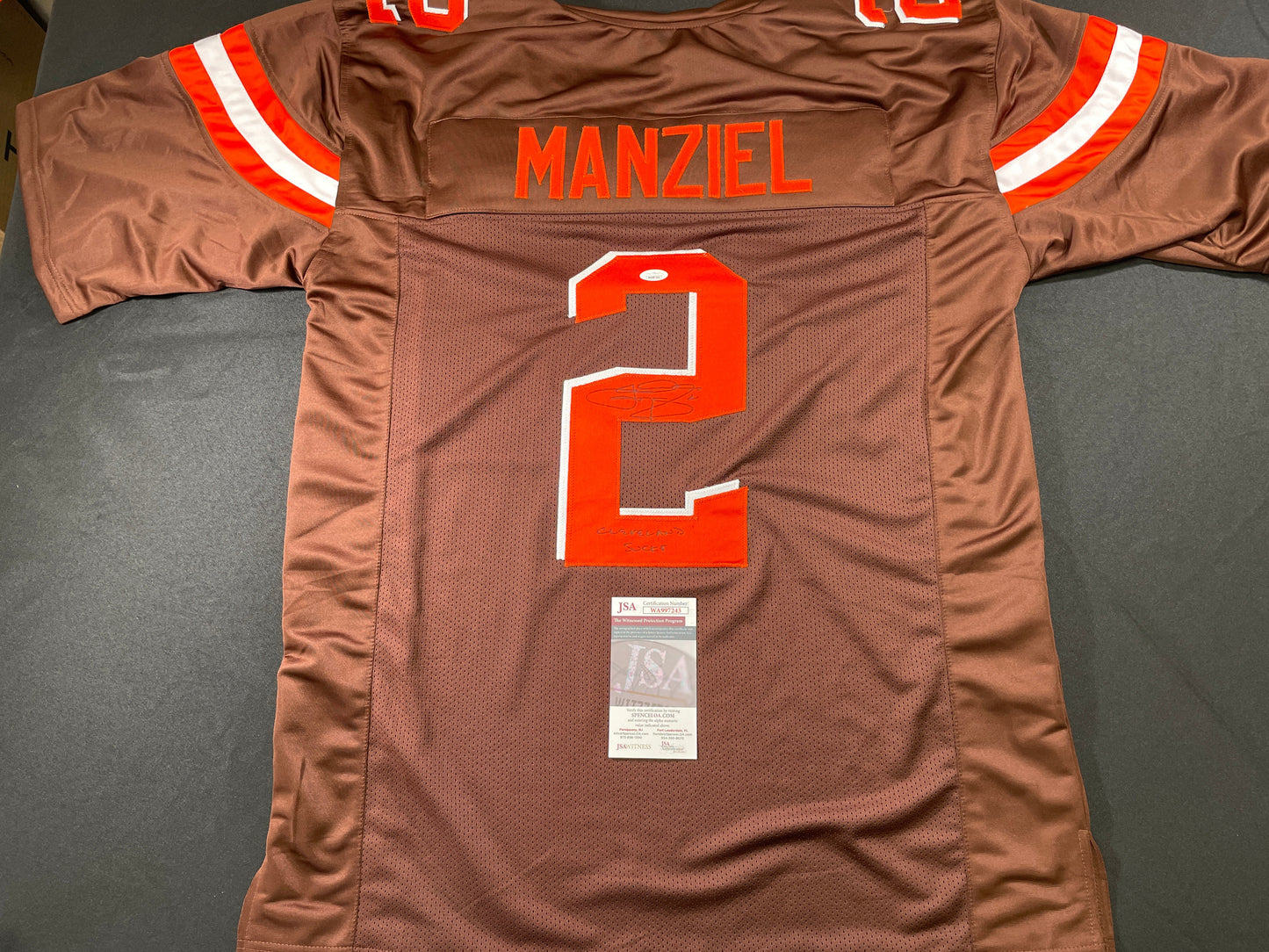 JOHNNY MANZIEL CLEVELAND BROWN SIGNED BROWN JERSEY w/Cleveland Sucks JSA