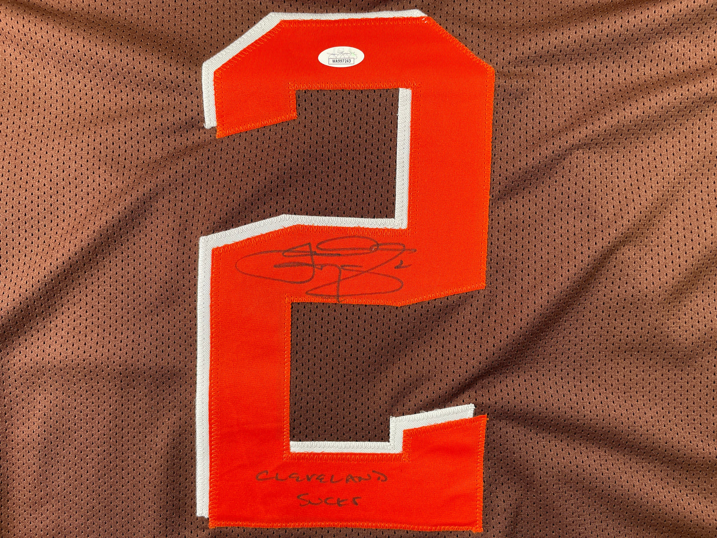 JOHNNY MANZIEL CLEVELAND BROWN SIGNED BROWN JERSEY w/Cleveland Sucks JSA