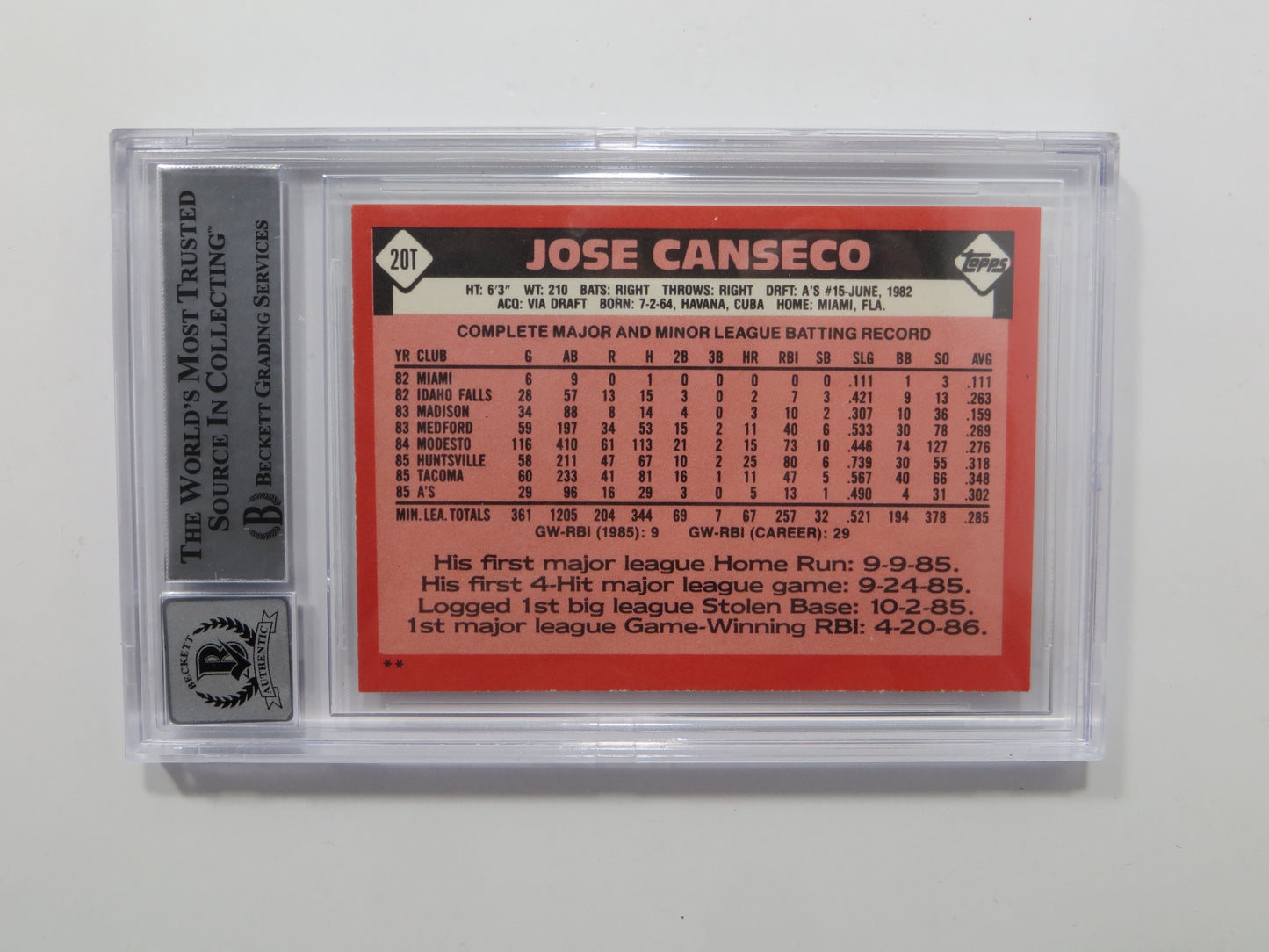JOSE CANSECO SIGNED BGS BAS SLAB 1986 TOPPS TRADED #20T XRC A's Auto 10