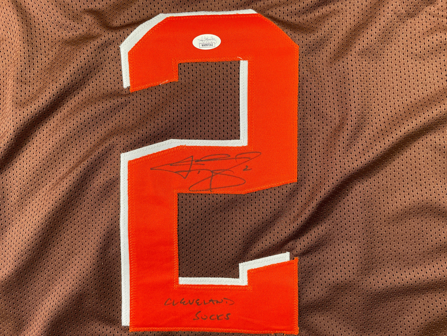 JOHNNY MANZIEL CLEVELAND BROWN SIGNED BROWN JERSEY w/Cleveland Sucks JSA