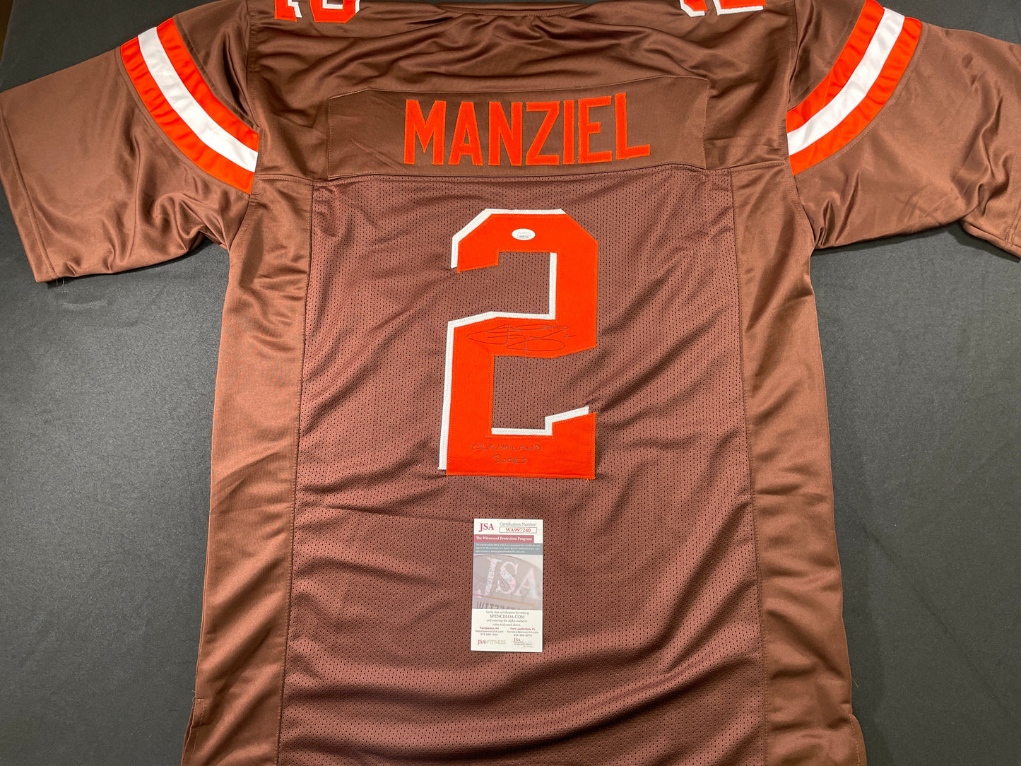 JOHNNY MANZIEL CLEVELAND BROWN SIGNED BROWN JERSEY w/Cleveland Sucks JSA