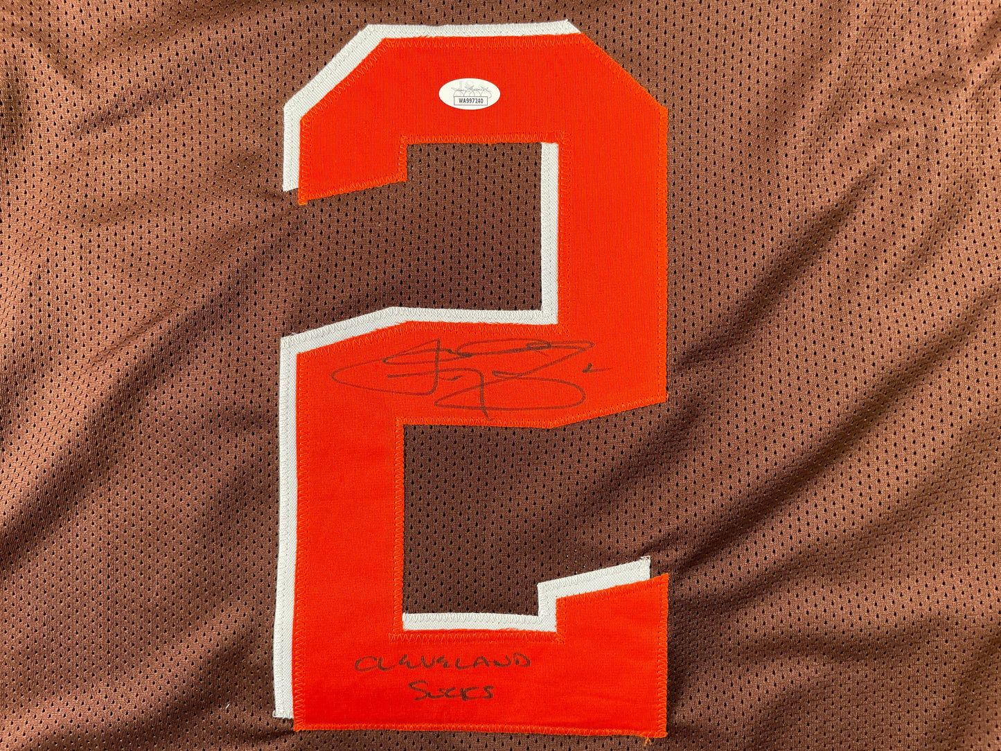 JOHNNY MANZIEL CLEVELAND BROWN SIGNED BROWN JERSEY w/Cleveland Sucks JSA