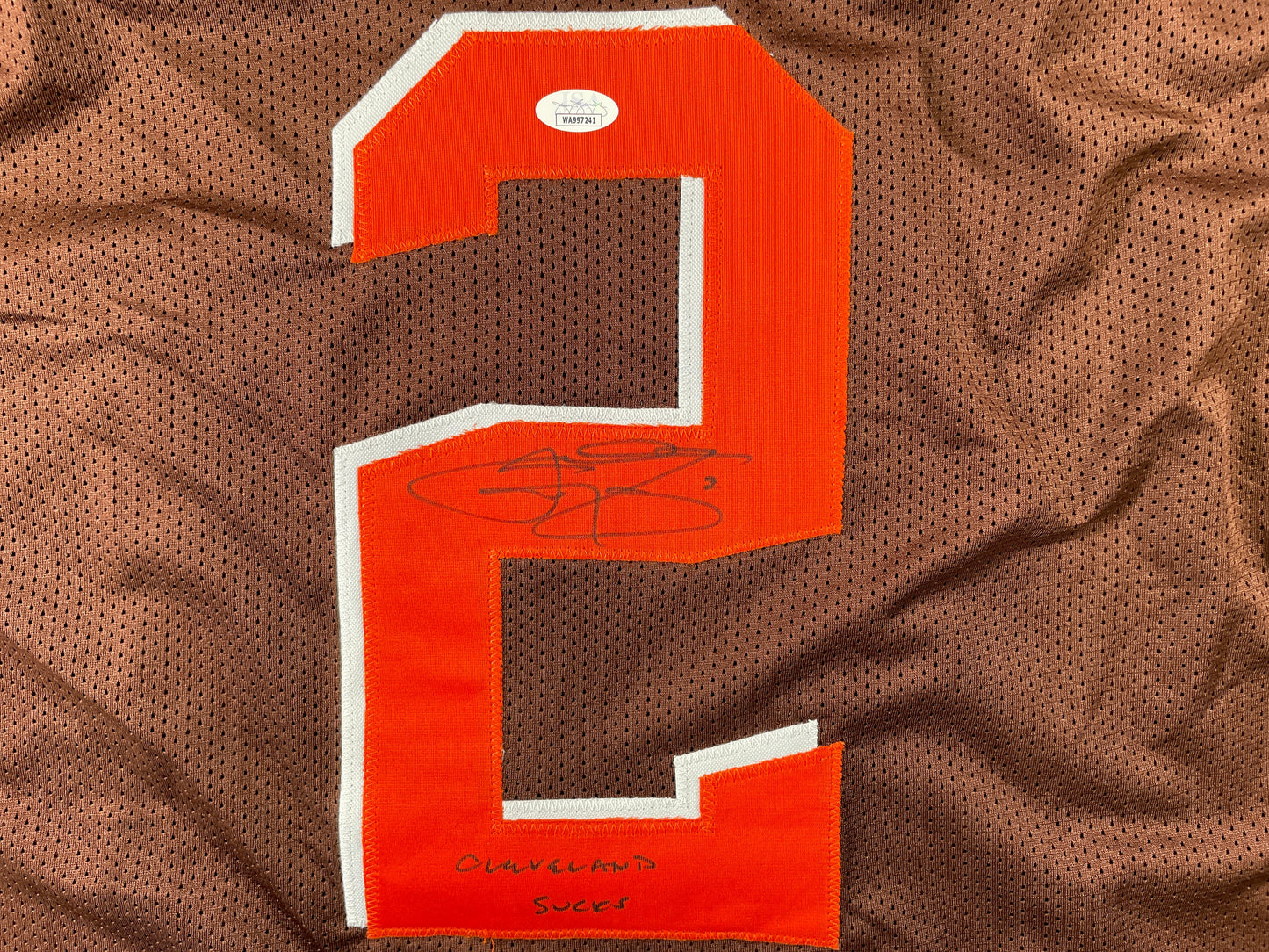 JOHNNY MANZIEL CLEVELAND BROWN SIGNED BROWN JERSEY w/Cleveland Sucks JSA