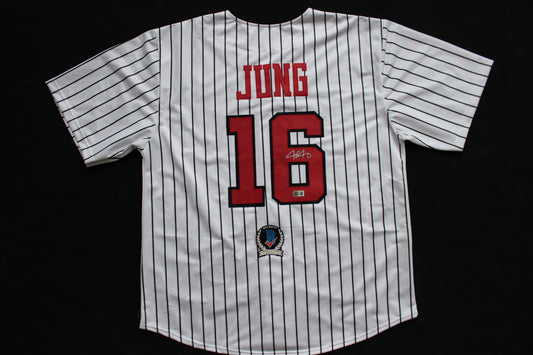 JOSH JUNG TEXAS TECH RED RAIDERS SIGNED PINSTRIPE JERSEY Texas Rangers BAS