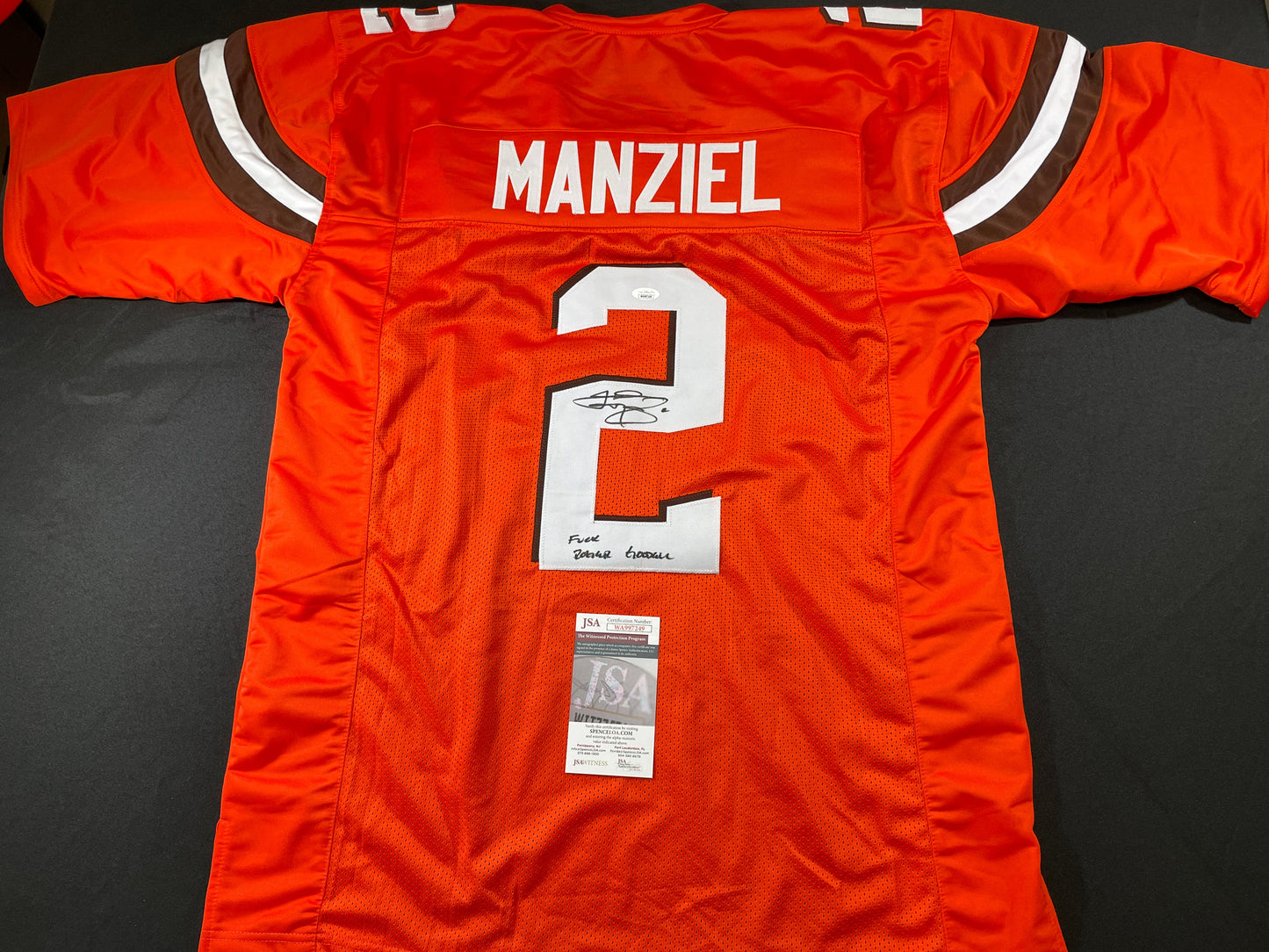 JOHNNY MANIZEL ORANGE CLEVELAND BROWNS SIGNED JERSEY w/ Roger Goodell JSA