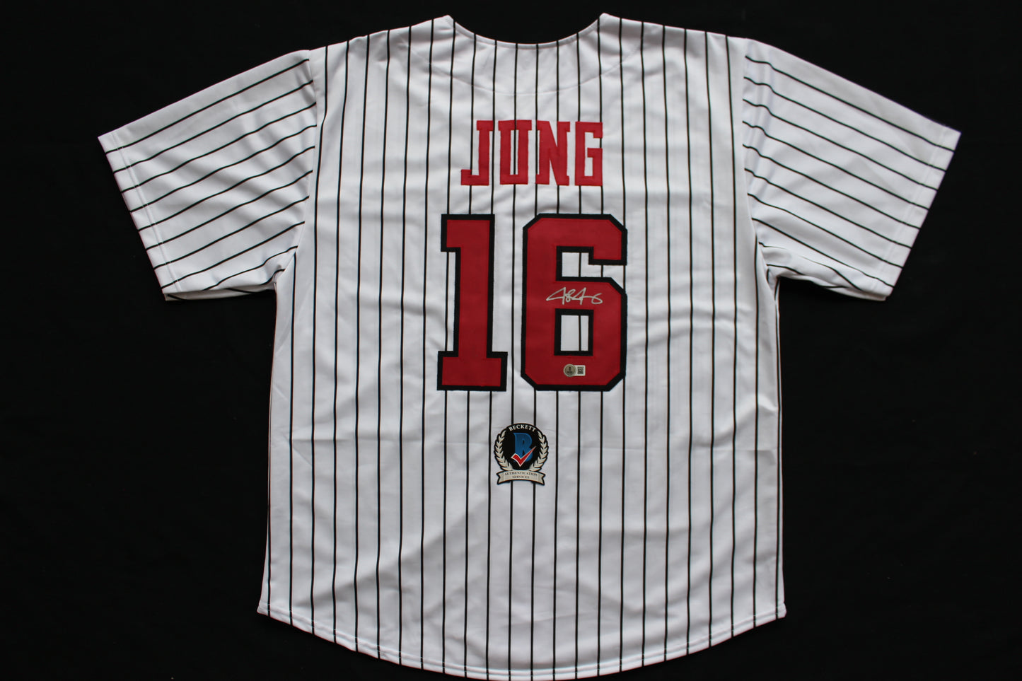 JOSH JUNG TEXAS TECH RED RAIDERS SIGNED PINSTRIPE JERSEY Texas Rangers BAS