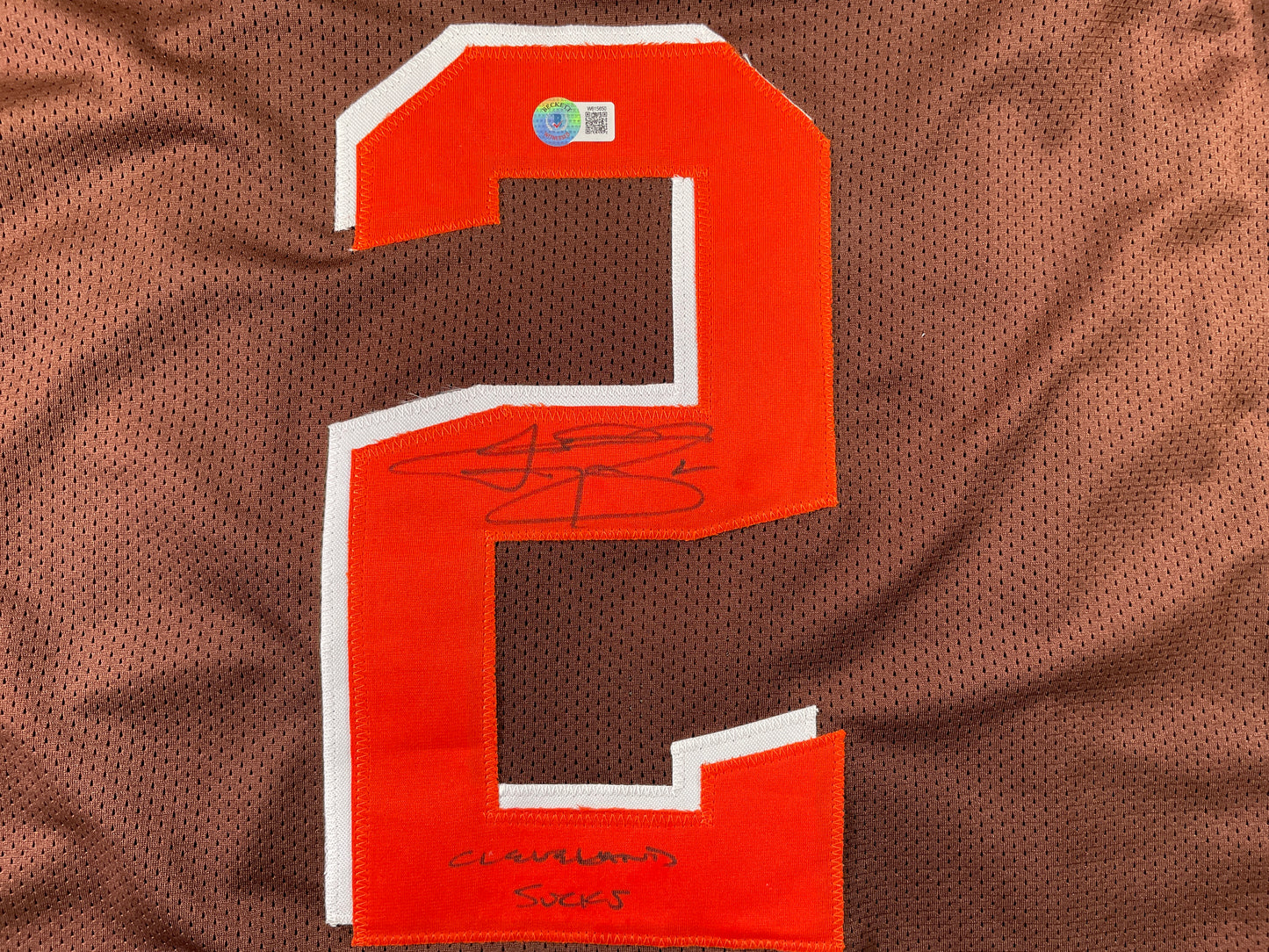JOHNNY MANZIEL CLEVELAND BROWN SIGNED BROWN JERSEY w/Cleveland Sucks BAS