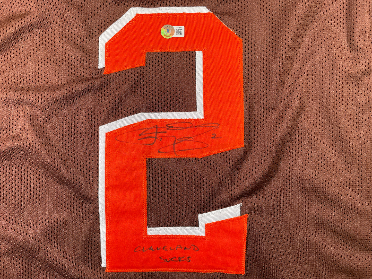 JOHNNY MANZIEL CLEVELAND BROWN SIGNED BROWN JERSEY w/Cleveland Sucks BAS
