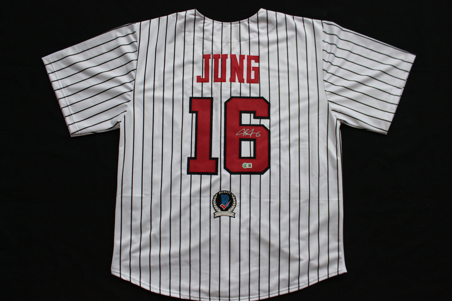 JOSH JUNG TEXAS TECH RED RAIDERS SIGNED PINSTRIPE JERSEY Texas Rangers BAS