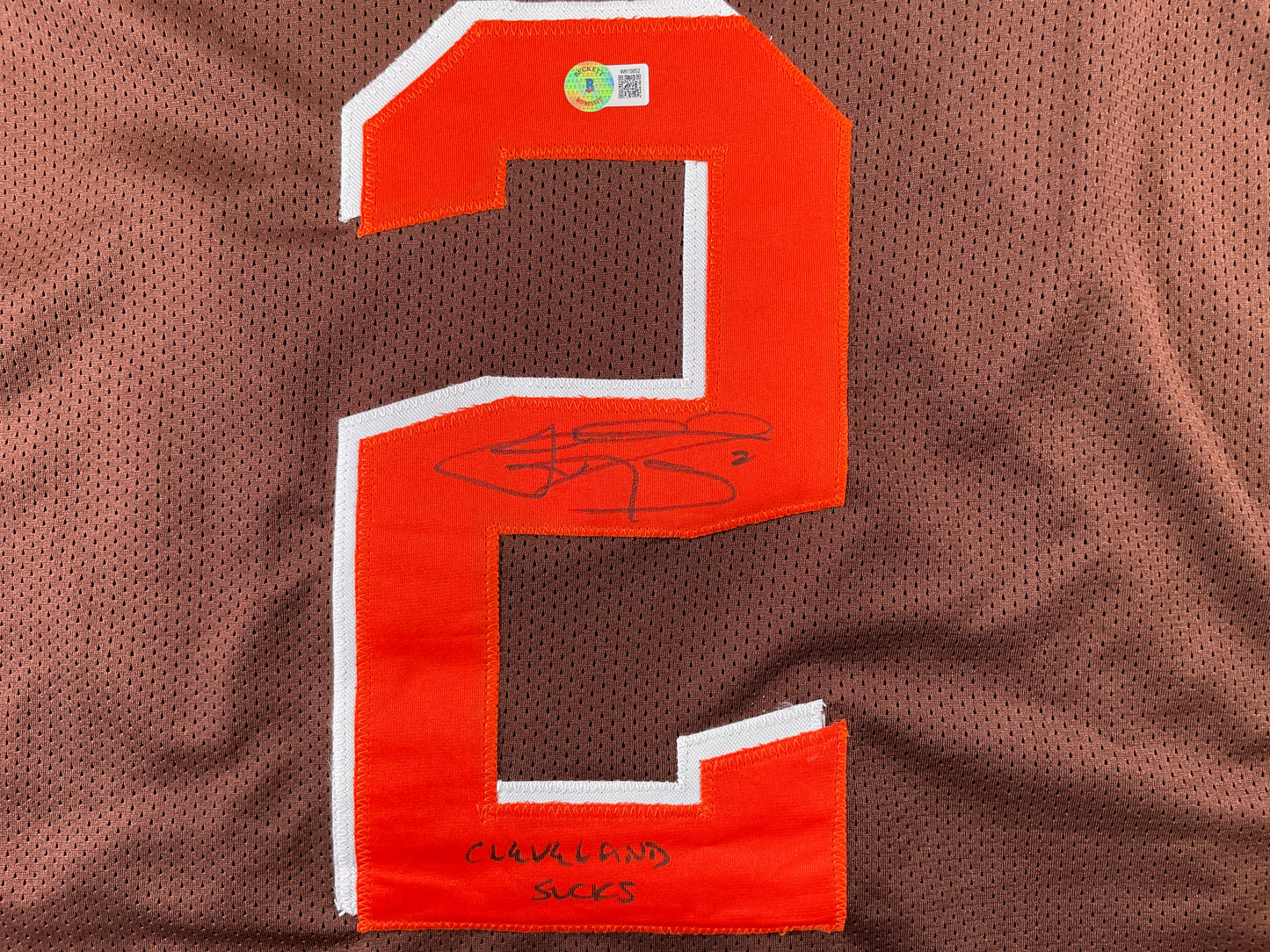 JOHNNY MANZIEL CLEVELAND BROWN SIGNED BROWN JERSEY w/Cleveland Sucks BAS