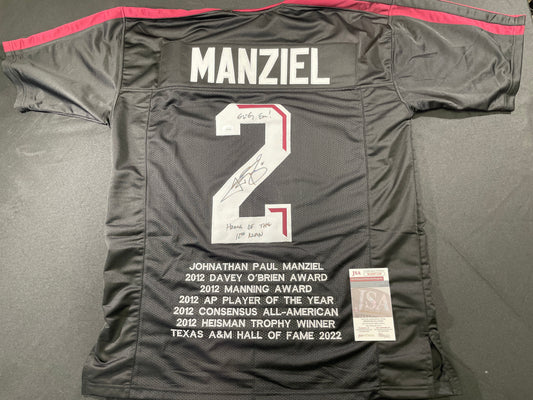JOHNNY MANZIEL BLACK TEXAS A&M SIGNED STAT JERSEY w/"Home of the 12th Man" JSA