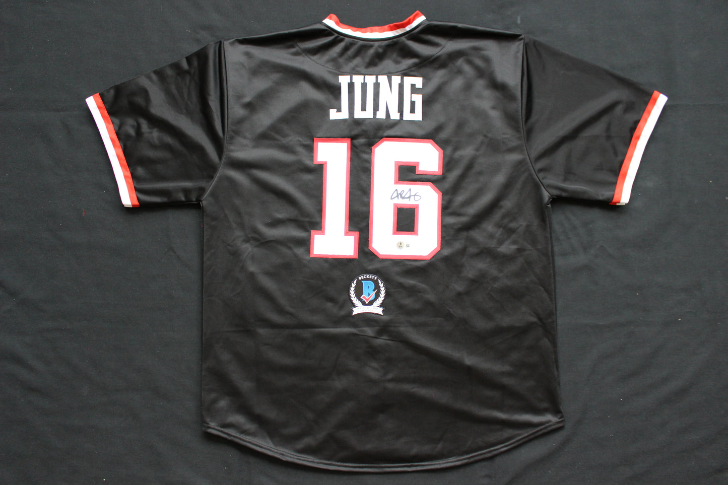 JOSH JUNG TEXAS TECH RED RAIDERS SIGNED BLACK JERSEY Texas Rangers BAS