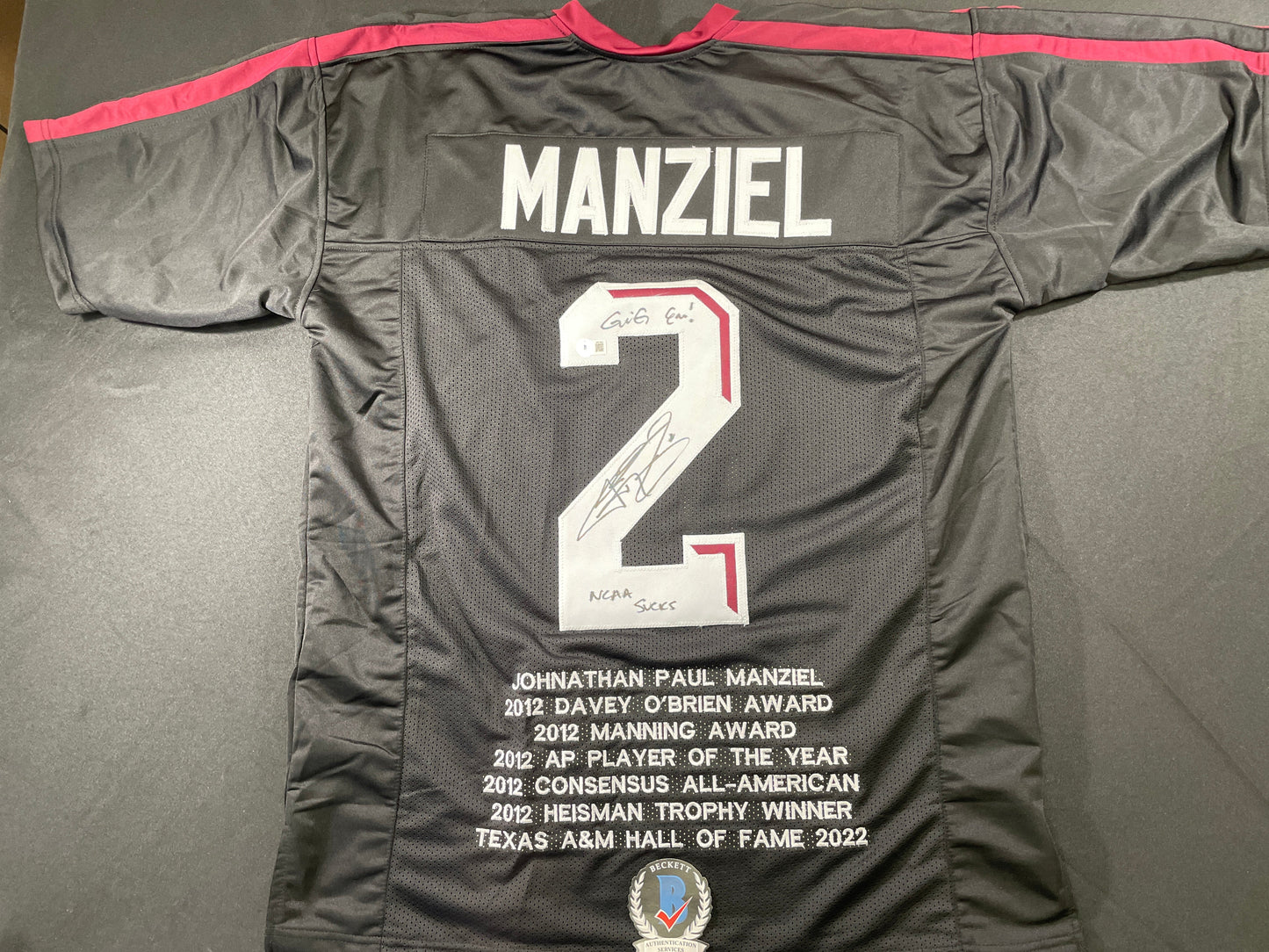 JOHNNY MANZIEL BLACK TEXAS A&M SIGNED STAT JERSEY w/"NCAA Sucks" BAS