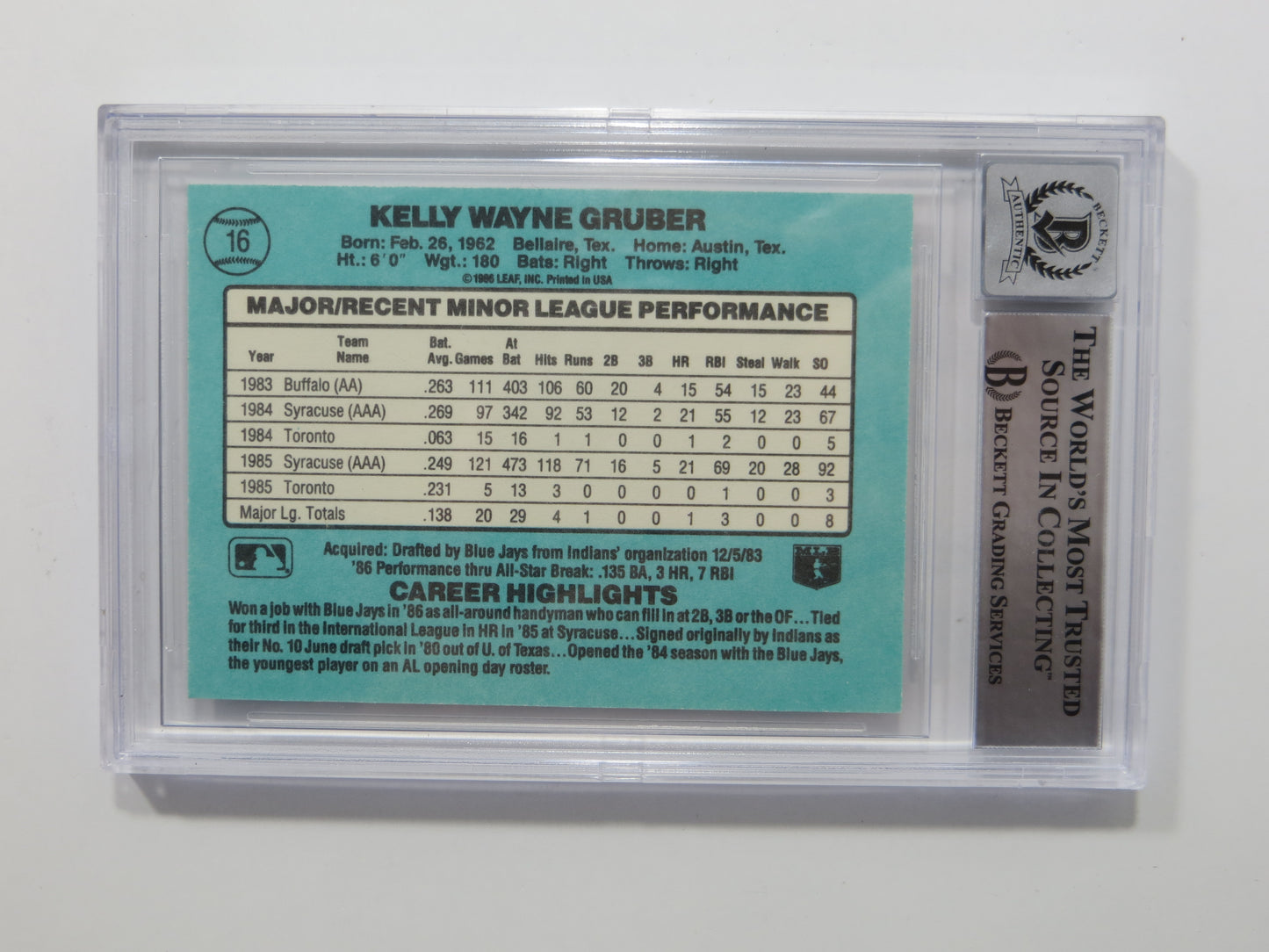 KELLY GRUBER SIGNED BGS BAS SLAB 1986 DONRUSS ROOKIES #16 Auto 10 BLUE JAYS