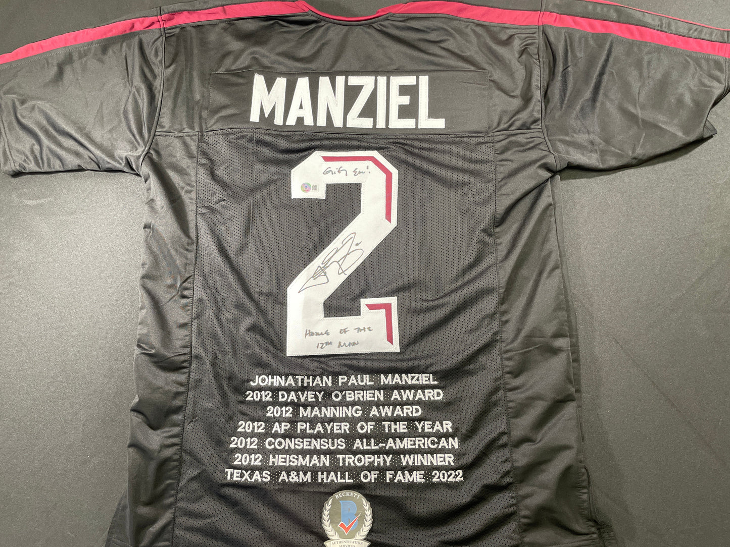 JOHNNY MANZIEL BLACK TEXAS A&M SIGNED STAT JERSEY w/"Home of the 12th Man" BAS
