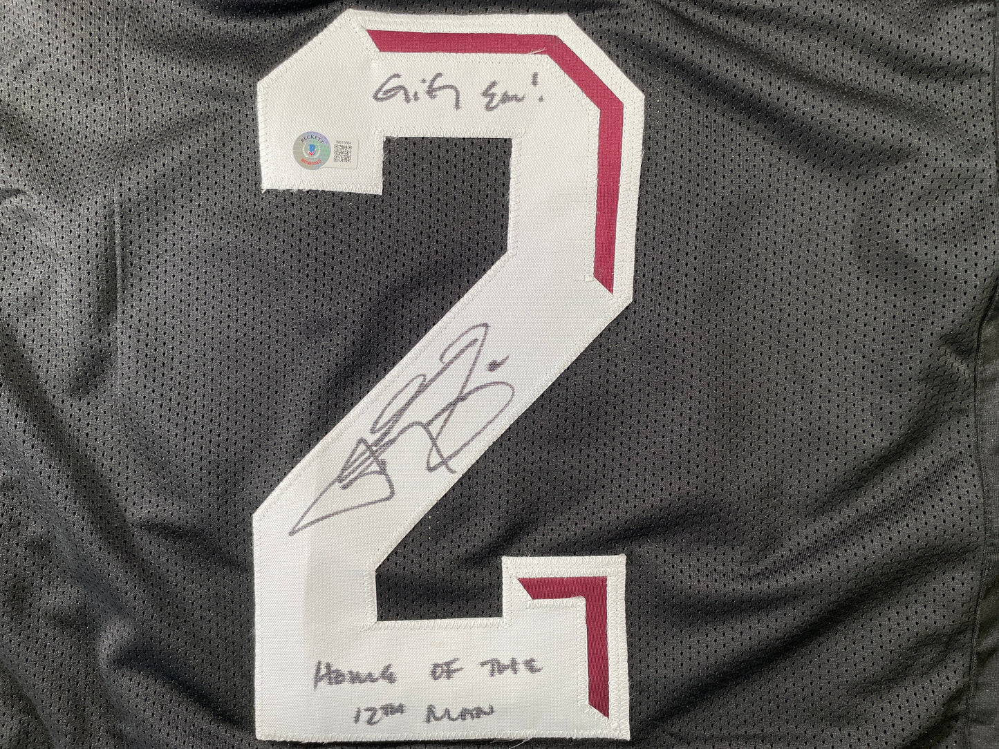 JOHNNY MANZIEL BLACK TEXAS A&M SIGNED STAT JERSEY w/"Home of the 12th Man" BAS