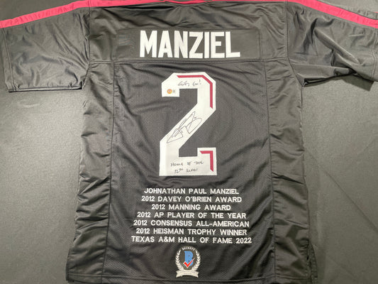 JOHNNY MANZIEL BLACK TEXAS A&M SIGNED STAT JERSEY w/"Home of the 12th Man" BAS