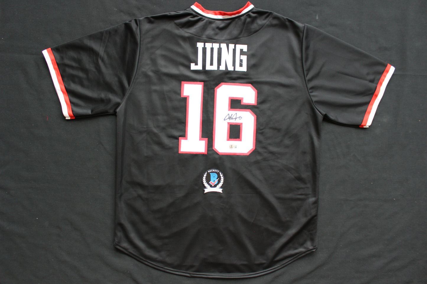 JOSH JUNG TEXAS TECH RED RAIDERS SIGNED BLACK JERSEY Texas Rangers BAS
