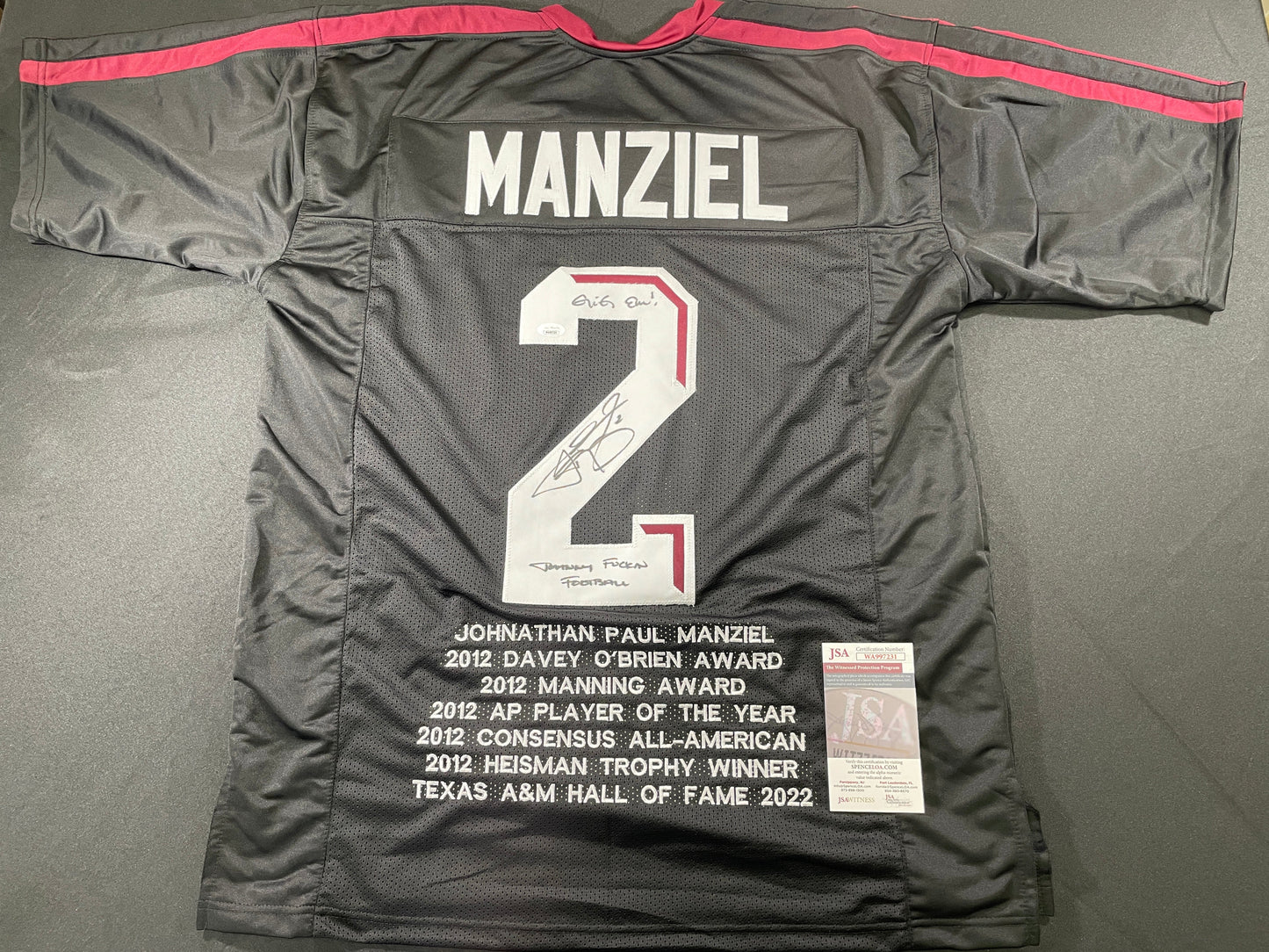 JOHNNY MANZIEL BLACK TEXAS A&M SIGNED STAT JERSEY w/"Johnny Fuckin Football" JSA