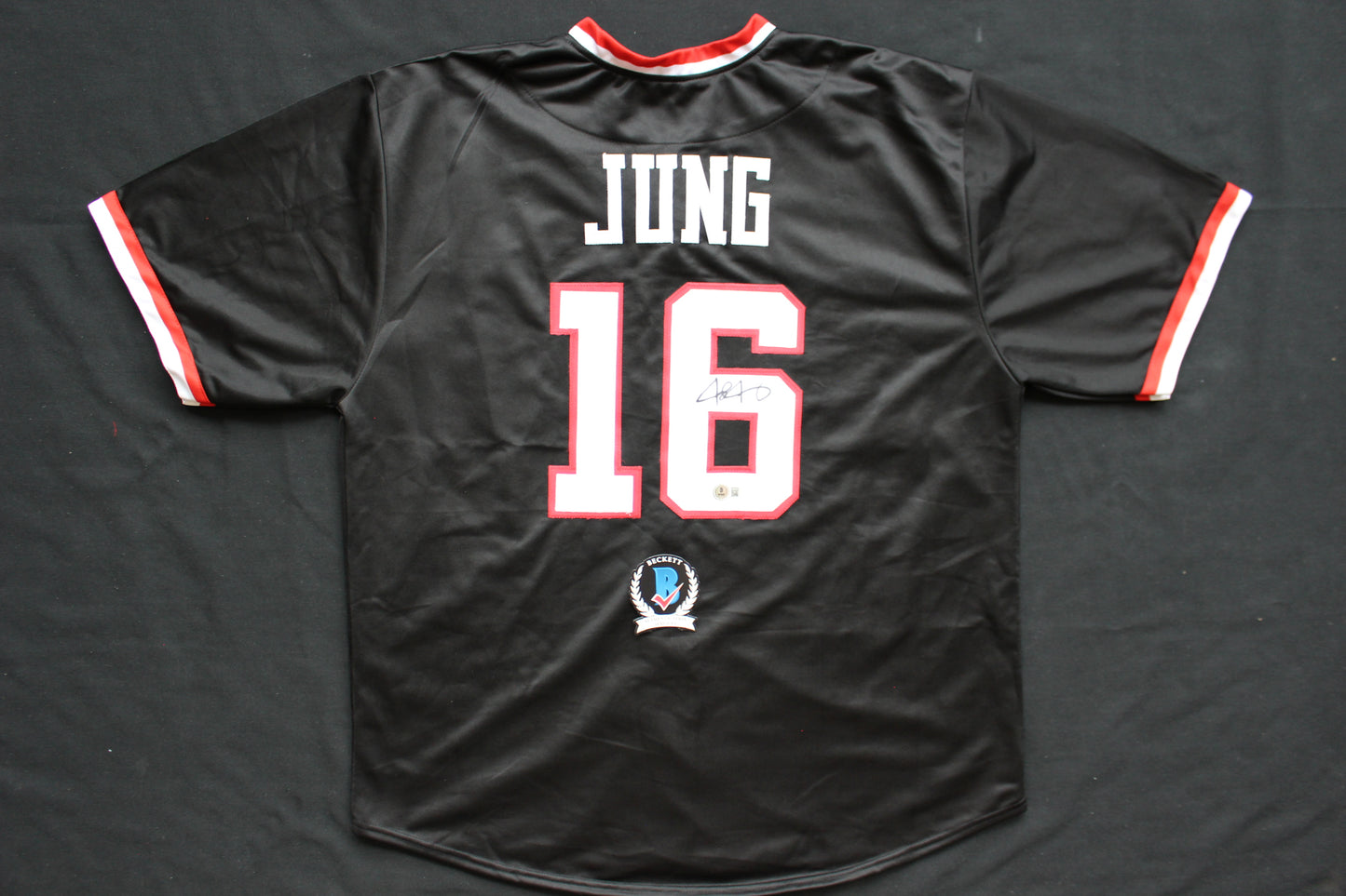 JOSH JUNG TEXAS TECH RED RAIDERS SIGNED BLACK JERSEY Texas Rangers BAS