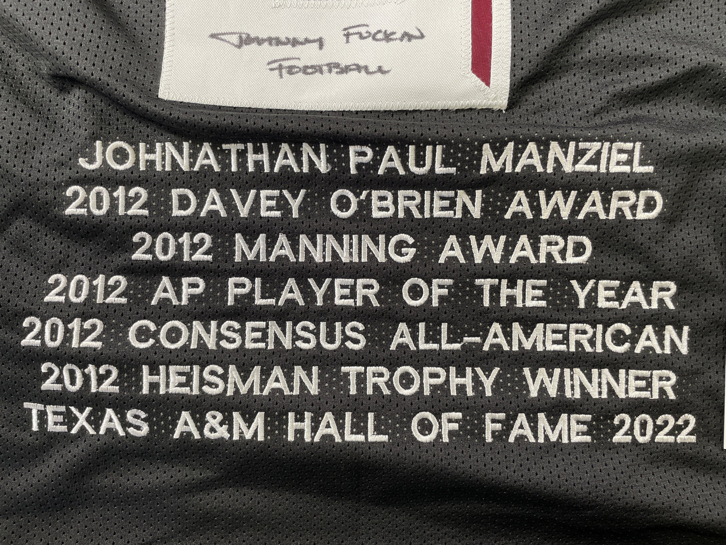 JOHNNY MANZIEL BLACK TEXAS A&M SIGNED STAT JERSEY w/"Johnny Fuckin Football" JSA