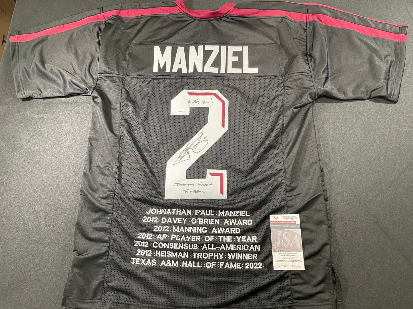 JOHNNY MANZIEL BLACK TEXAS A&M SIGNED STAT JERSEY w/"Johnny Fuckin Football" JSA
