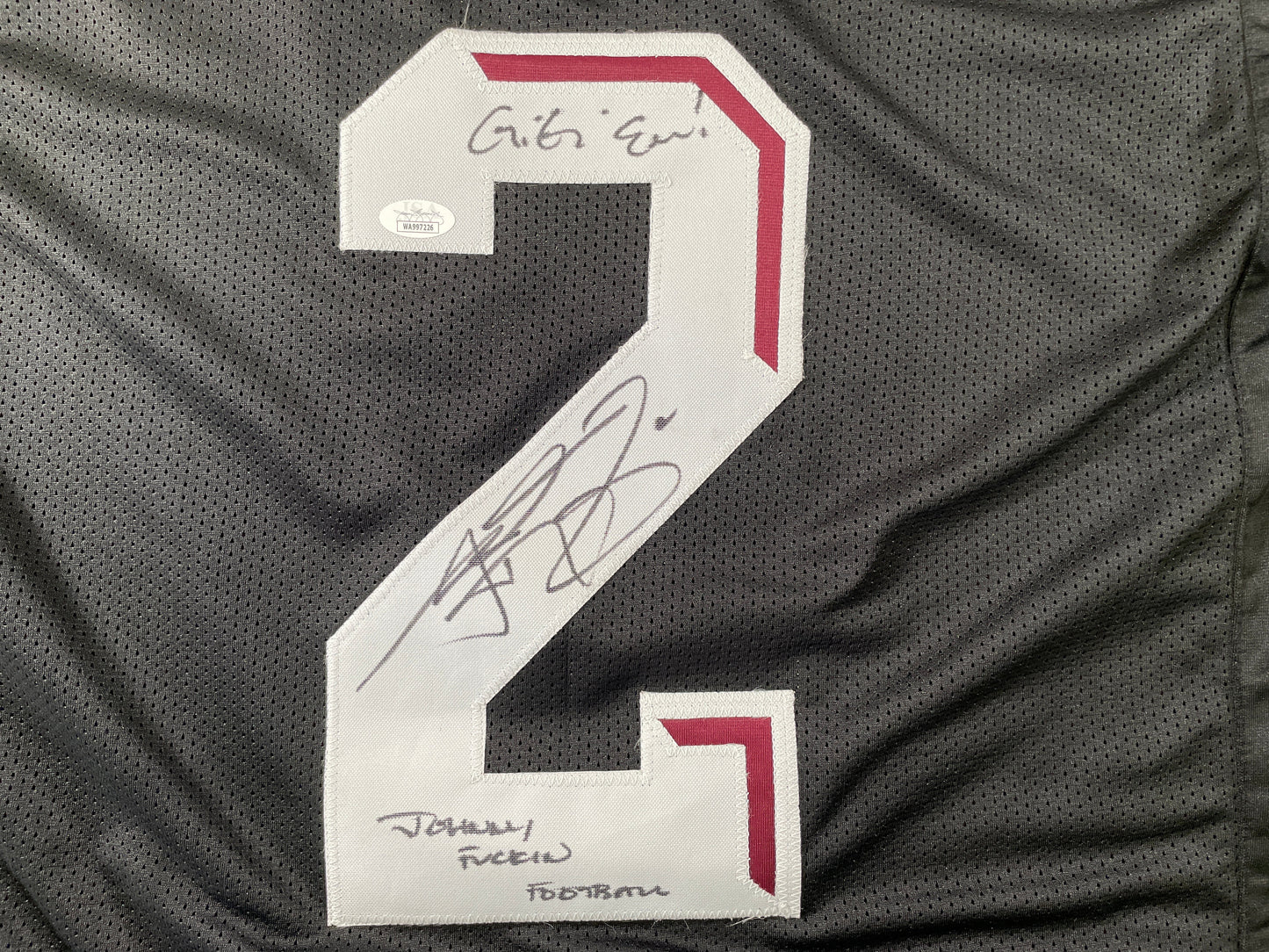 JOHNNY MANZIEL BLACK TEXAS A&M SIGNED STAT JERSEY w/"Johnny Fuckin Football" JSA