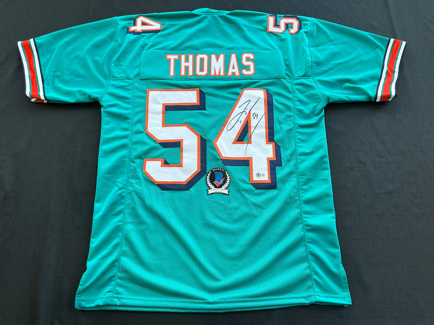 ZACH THOMAS SIGNED TEAL JERSEY MIAMI DOLPHINS  BAS