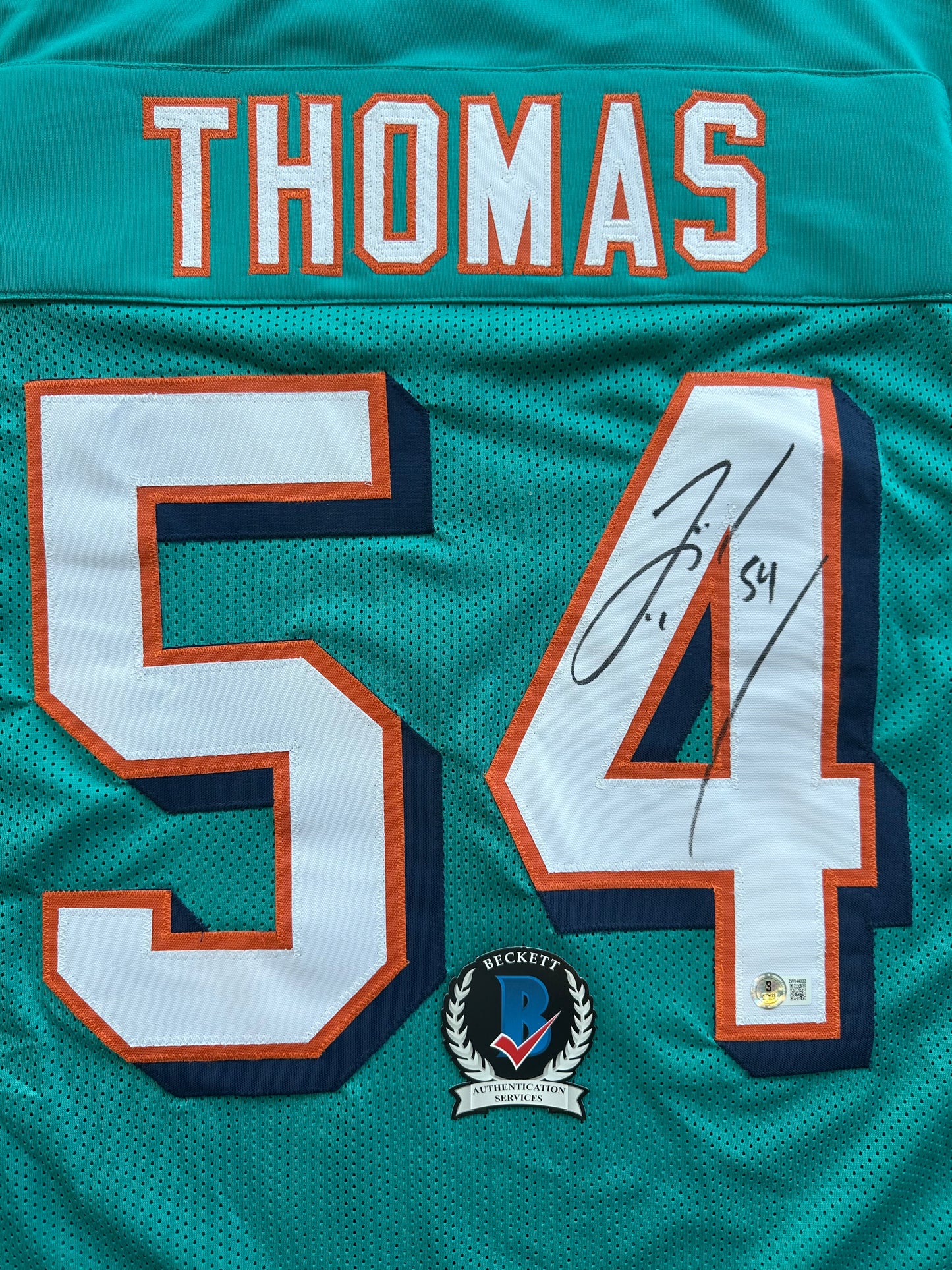 ZACH THOMAS SIGNED TEAL JERSEY MIAMI DOLPHINS  BAS