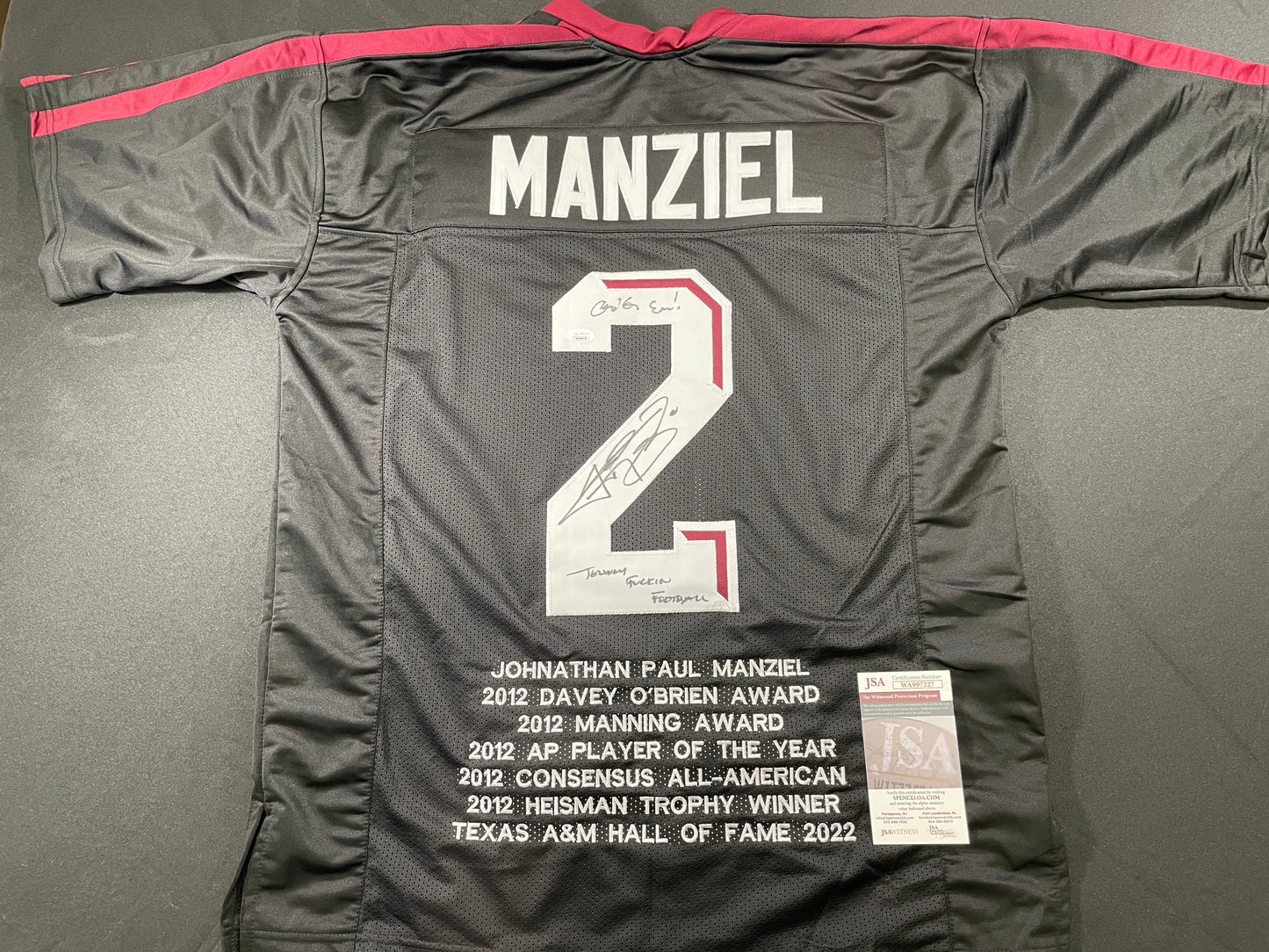 JOHNNY MANZIEL BLACK TEXAS A&M SIGNED STAT JERSEY w/"Johnny Fuckin Football" JSA
