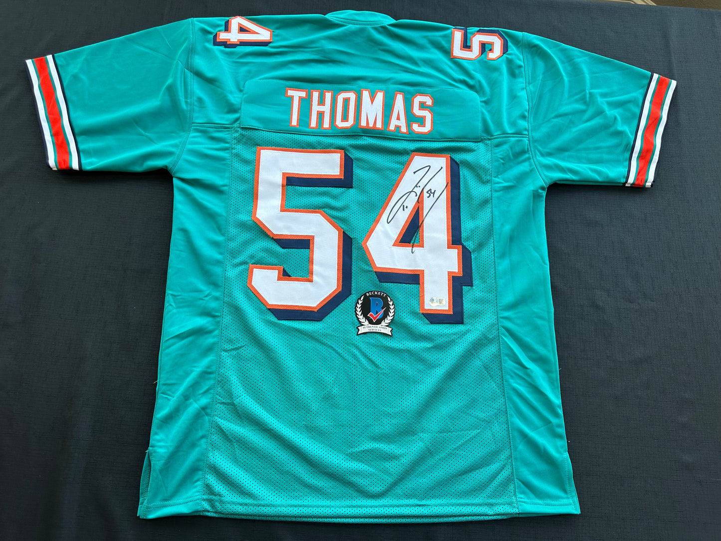 ZACH THOMAS SIGNED TEAL JERSEY MIAMI DOLPHINS  BAS