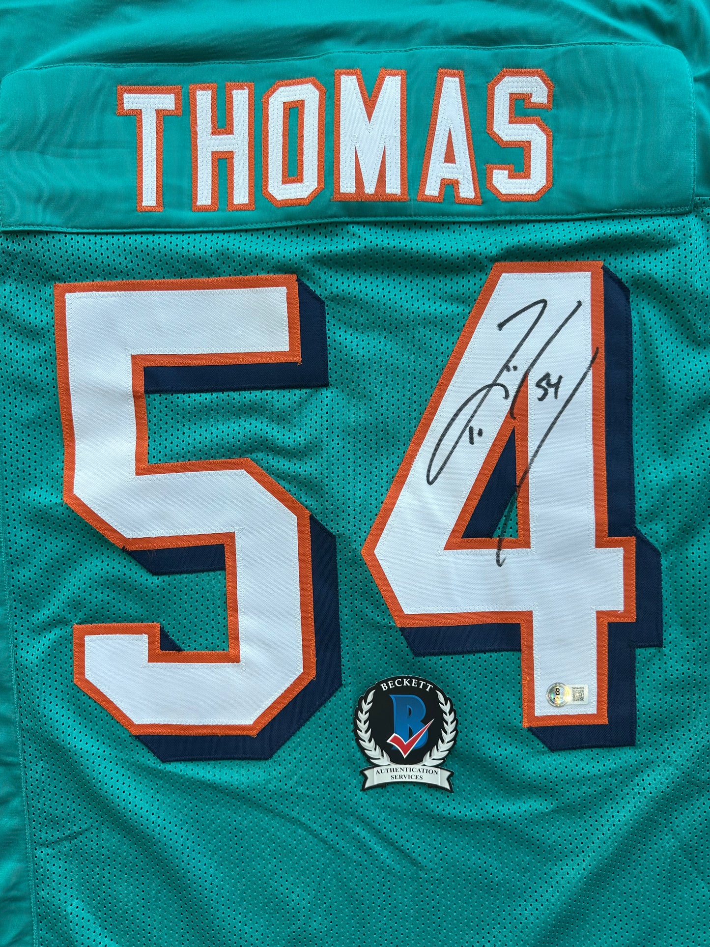 ZACH THOMAS SIGNED TEAL JERSEY MIAMI DOLPHINS  BAS