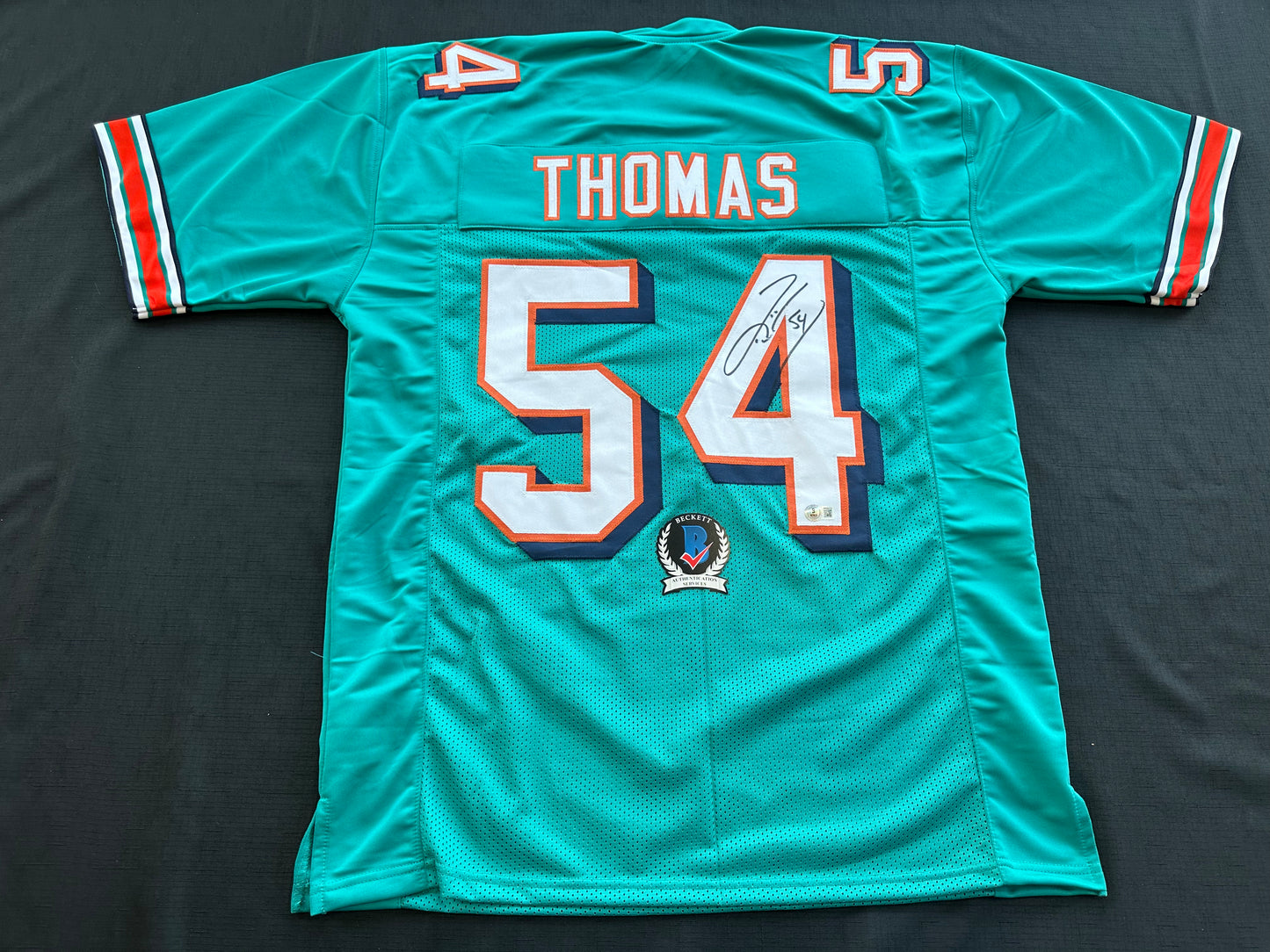ZACH THOMAS SIGNED TEAL JERSEY MIAMI DOLPHINS  BAS