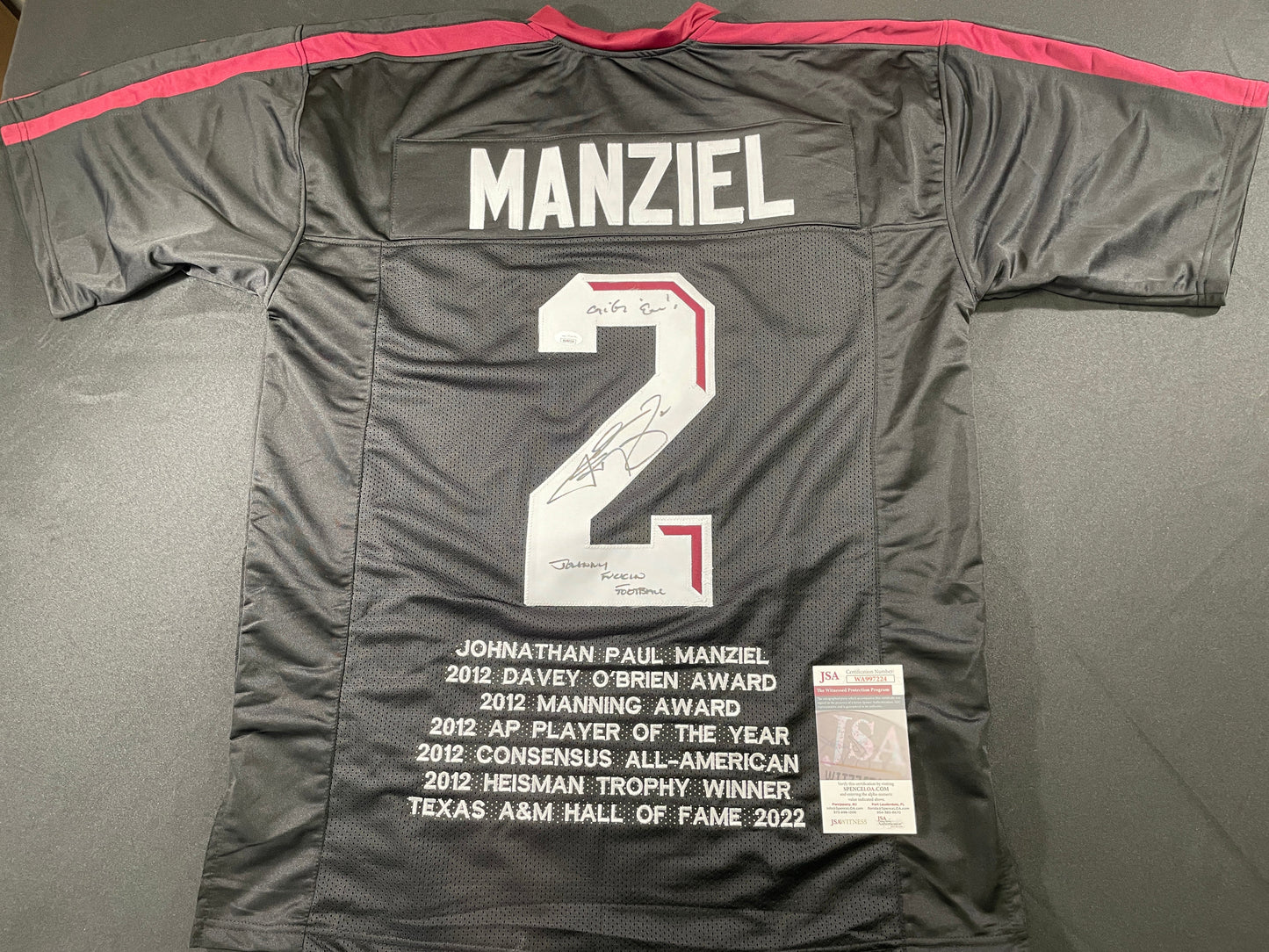JOHNNY MANZIEL BLACK TEXAS A&M SIGNED STAT JERSEY w/"Johnny Fuckin Football" JSA