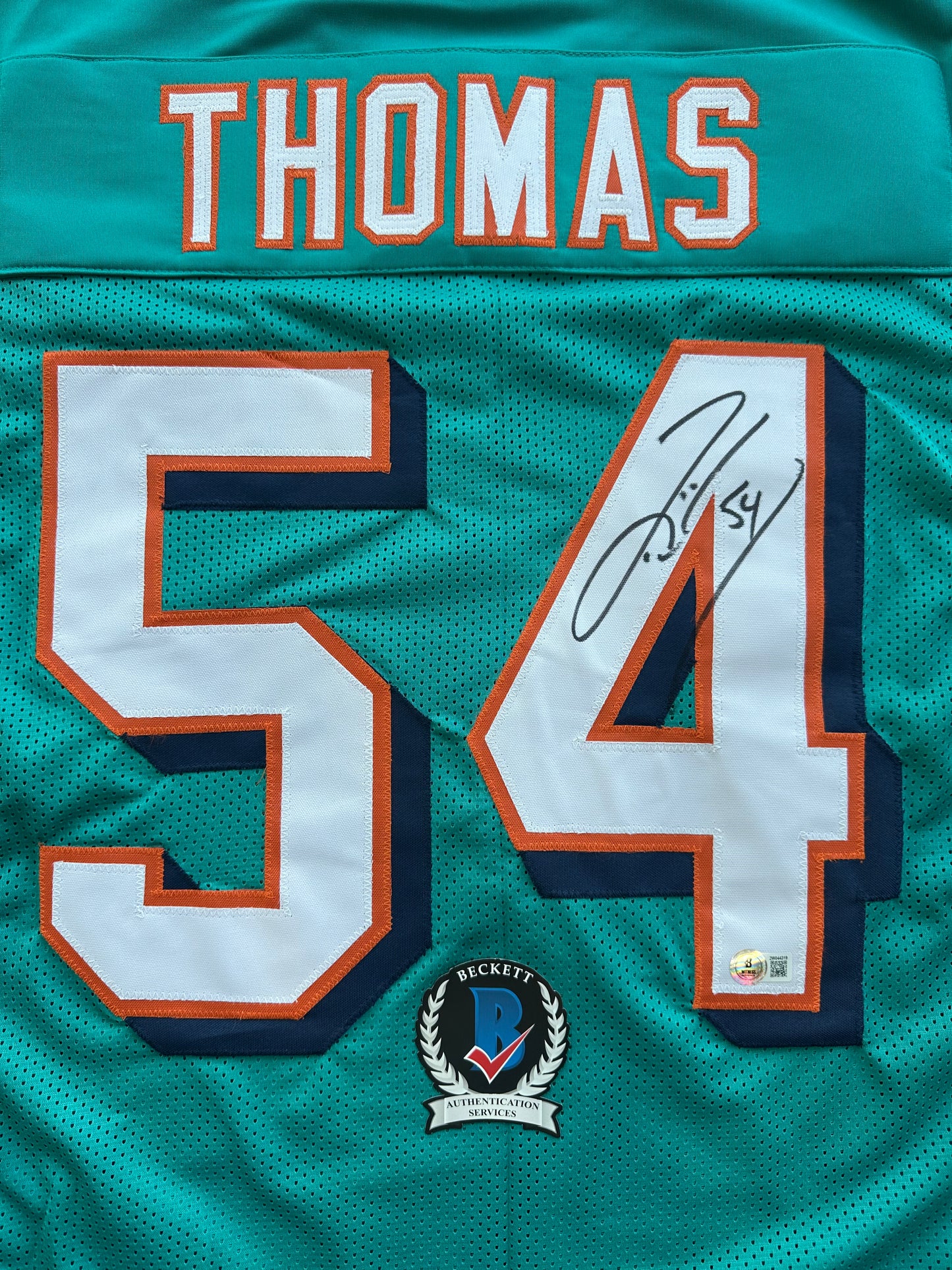 ZACH THOMAS SIGNED TEAL JERSEY MIAMI DOLPHINS  BAS