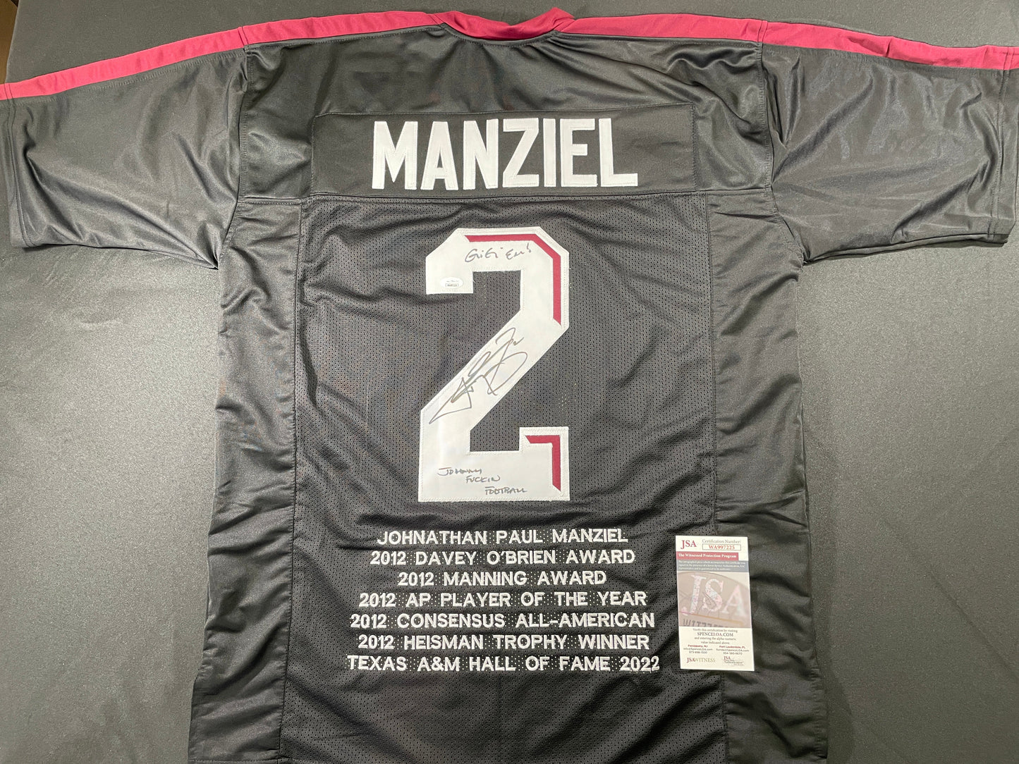 JOHNNY MANZIEL BLACK TEXAS A&M SIGNED STAT JERSEY w/"Johnny Fuckin Football" JSA