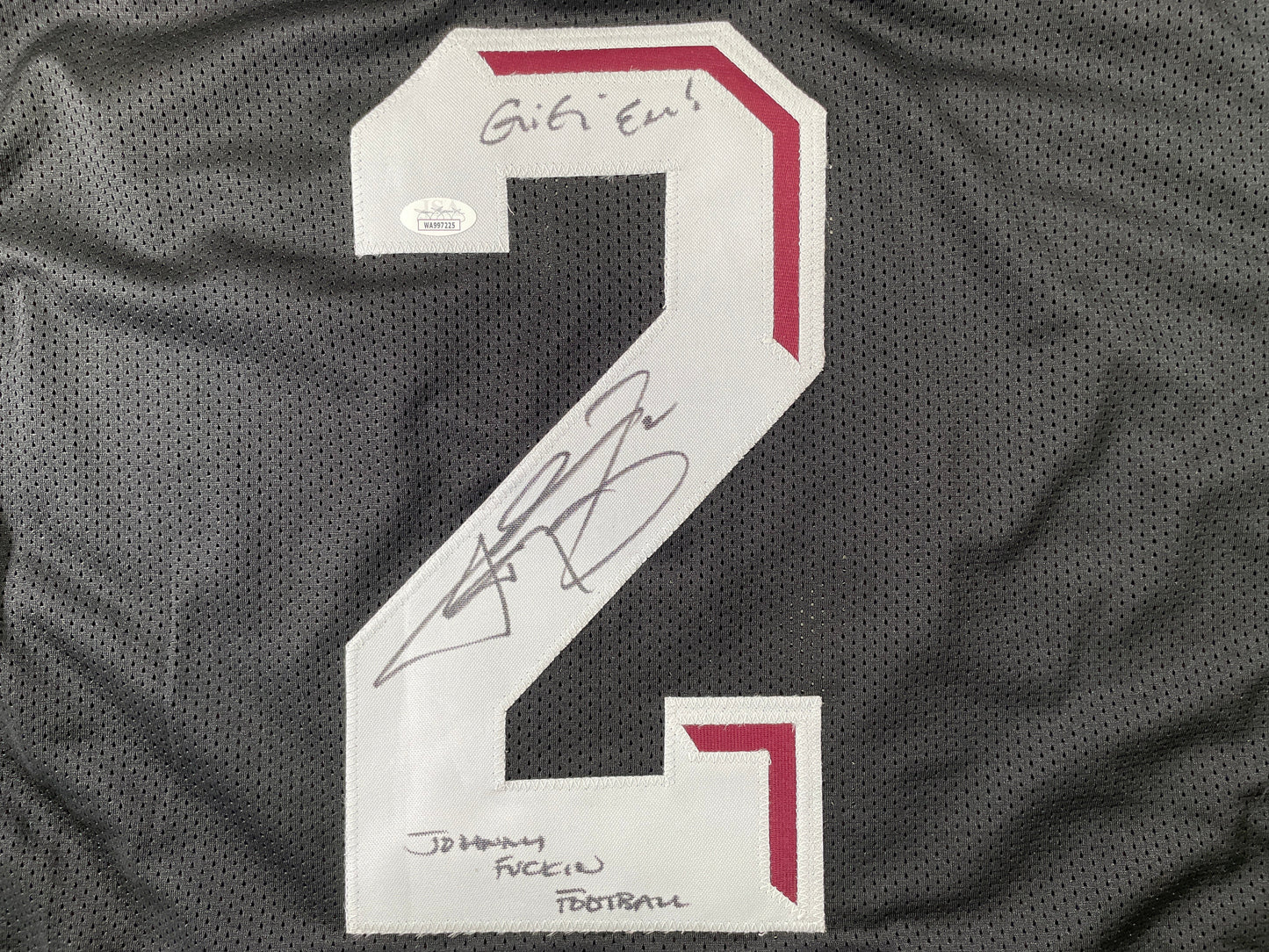 JOHNNY MANZIEL BLACK TEXAS A&M SIGNED STAT JERSEY w/"Johnny Fuckin Football" JSA